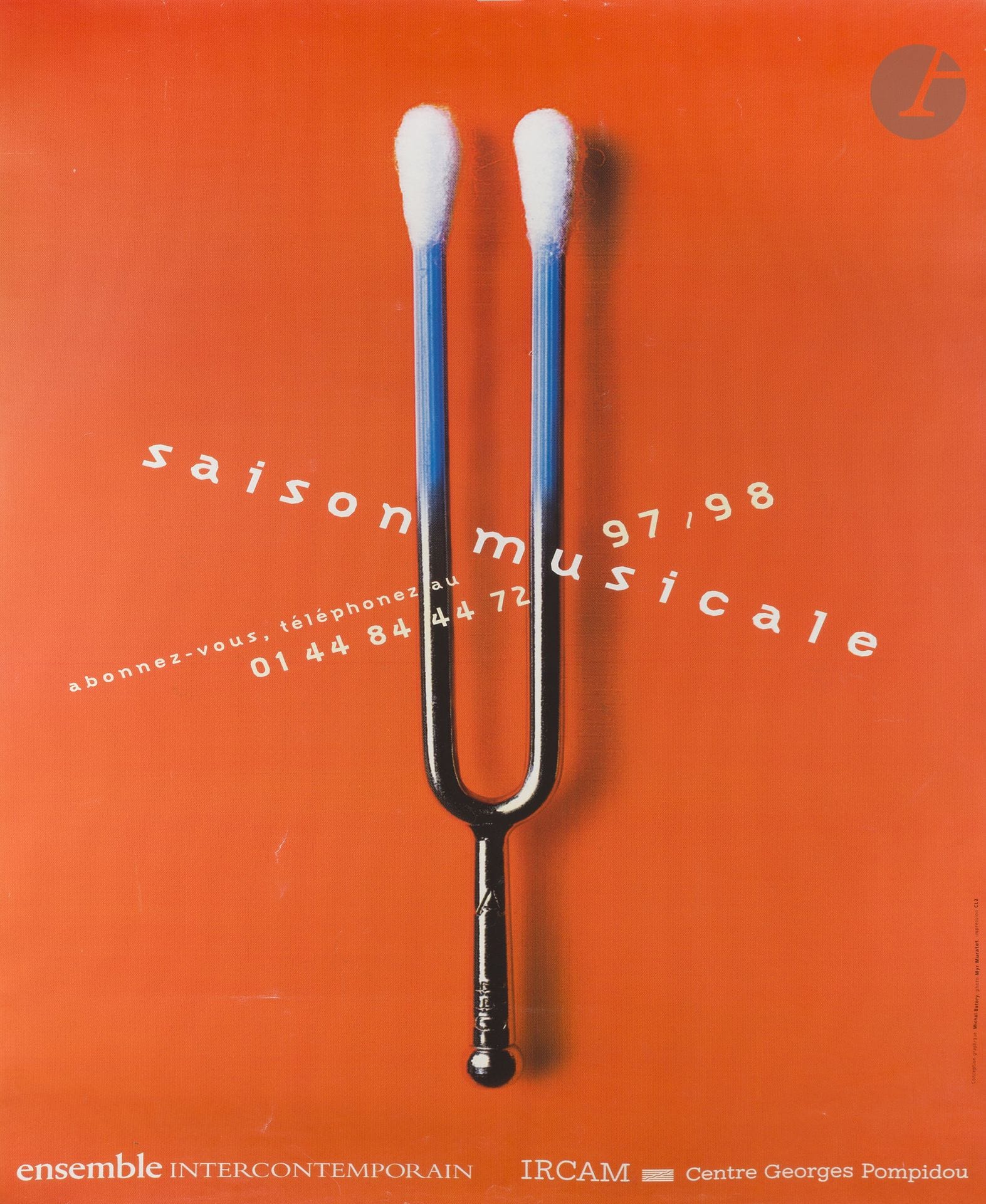 Michal BATORY (né en 1959) – Myr MURATET (né en 1959)
Saison musicale 1997-1998, IRCAM, Centre Georges Pompidou
Chromolithographie. Entoilée. 
Imp. CL2, Paris.
Signée en bas à droite.
Bon état. 
180 x 121 cm

Bibliographie :
Alain Weill, Guillaum Frauly. Michal Batory, Posters & Graphic Works. Serge Malik I.D. Publishing, 2004, pp. 96-97.