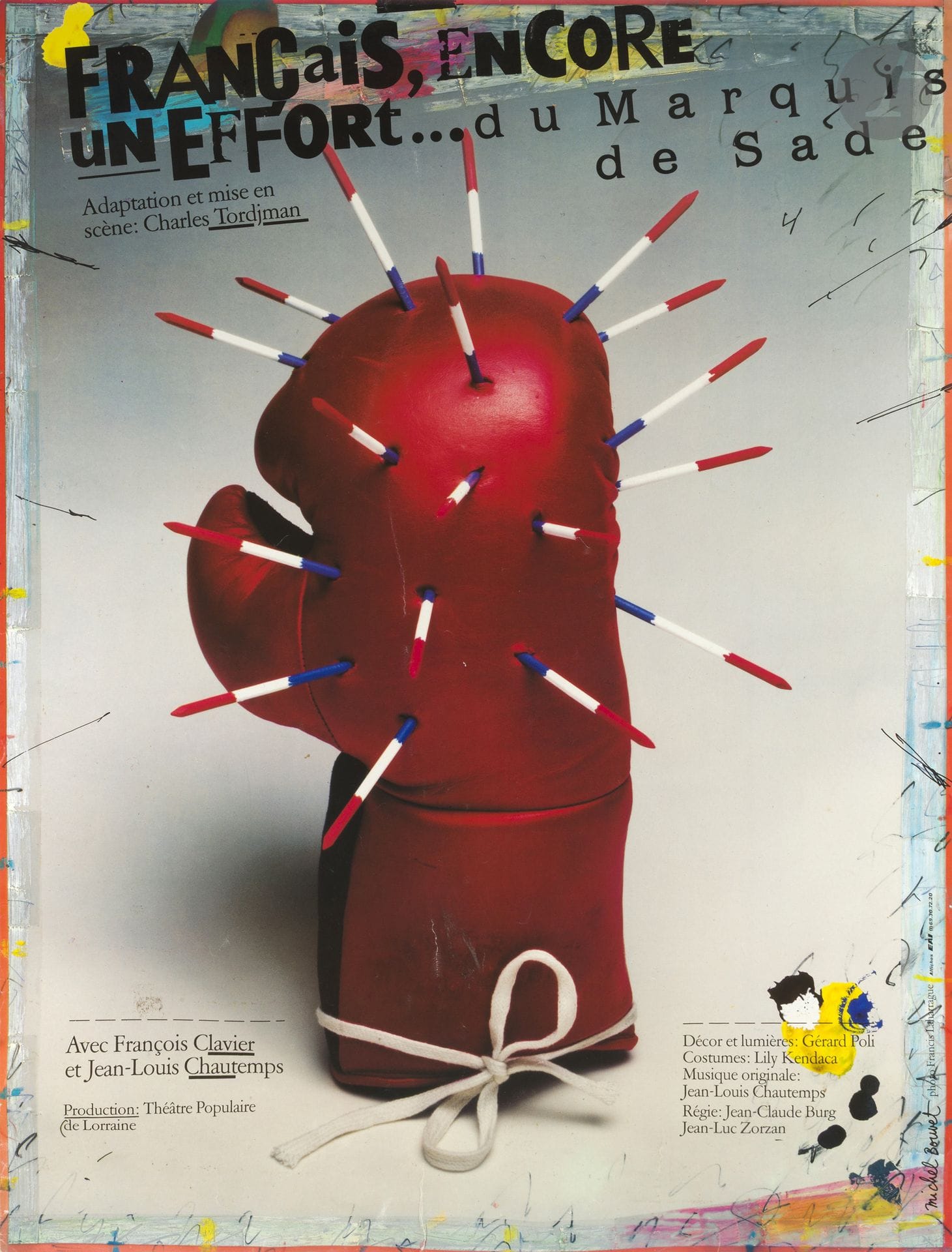 Michel BOUVET (né en 1955) – Francis LAHARRAGUE (né en 1964)
Français, encore un effort, théâtre populaire de Lorraine, 1989
Offset. Entoilée. 
Imp. EAI. 
Signée en bas à droite. 
Bon état. 
162 x 124,5 cm

Bibliographie :
Alain Weill, Diego Zaccaria, Philippe Di Folco, Manon Lenoir. Michel Bouvet, affiches, esquisses et autres voyages. Éditions Textuel, 2004, p. 79.