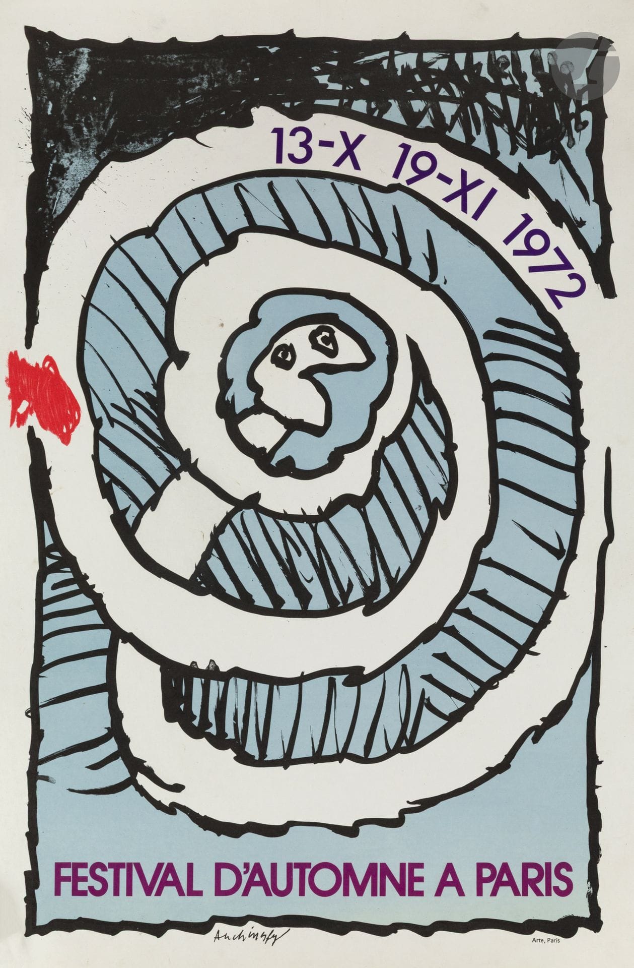 Pierre ALECHINSKY (né en 1927)
Festival d’Automne à Paris, 1972
Chromolithographie. Entoilée. 
Imp. Arte, Paris. 
Signée en pied. 
Bon état. 
66,5 x 45 cm