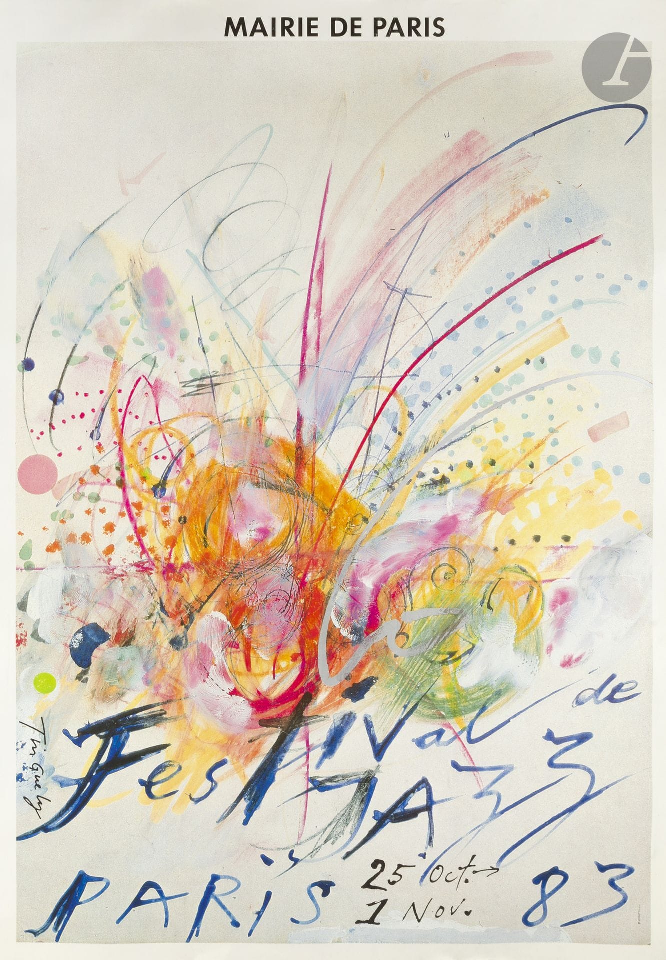Jean TINGUELY (1925-1991)
Montreux Jazz Festival, Paris, 1983
Chromolithographie. Entoilée. 
Imp. A. Karcher, Aubervilliers.
Signée en bas à gauche. 
Bon état. 
160,5 x 113 cm