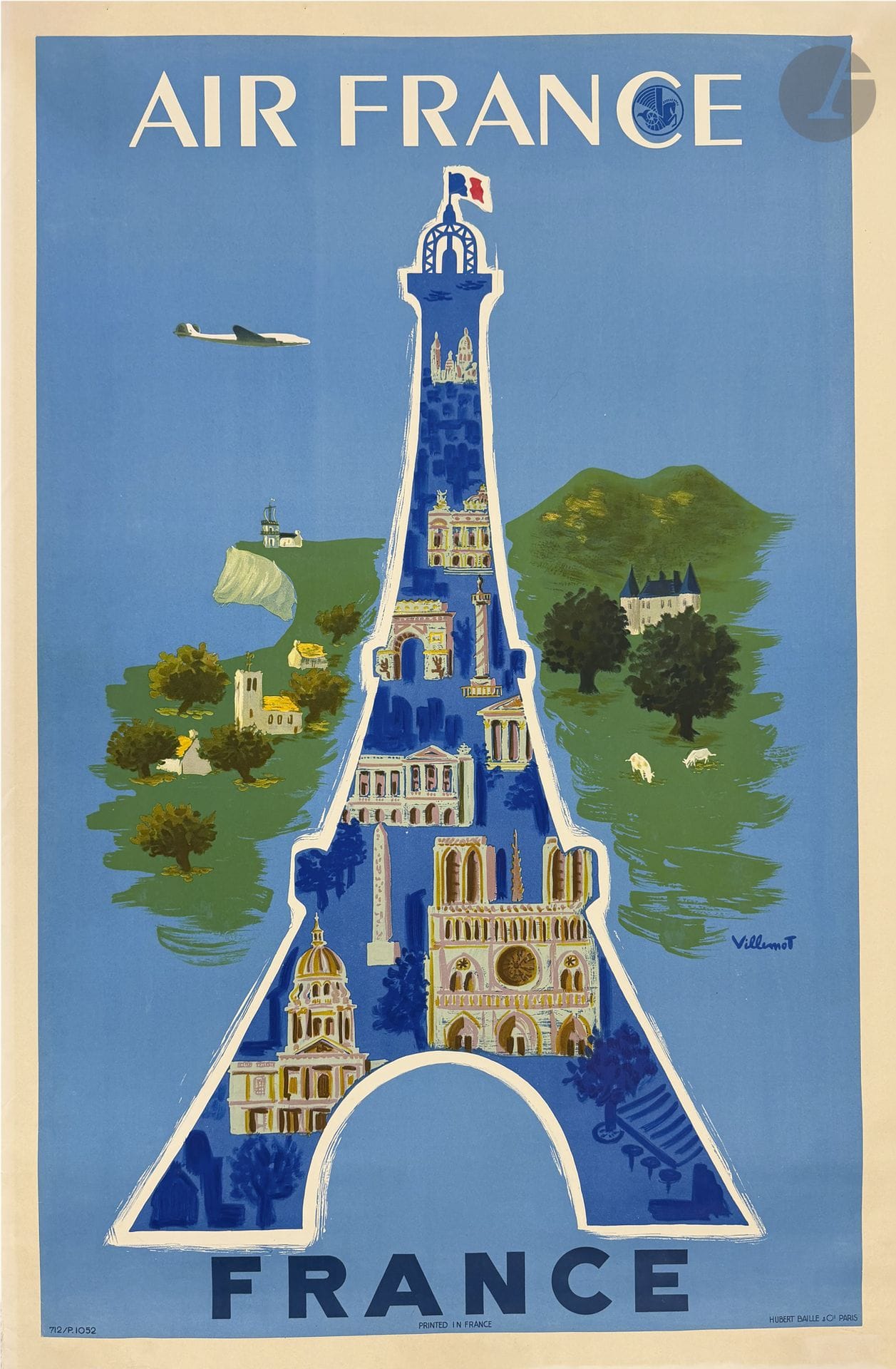 Bernard VILLEMOT (1911-1989)
Air France, 1952
Chromolithographie. Entoilée.
Imp. Hubert Baille, Paris.
Signée au centre à droite.
Très bon état, une infime restauration dans l’angle supérieur droit
105 x 69 cm