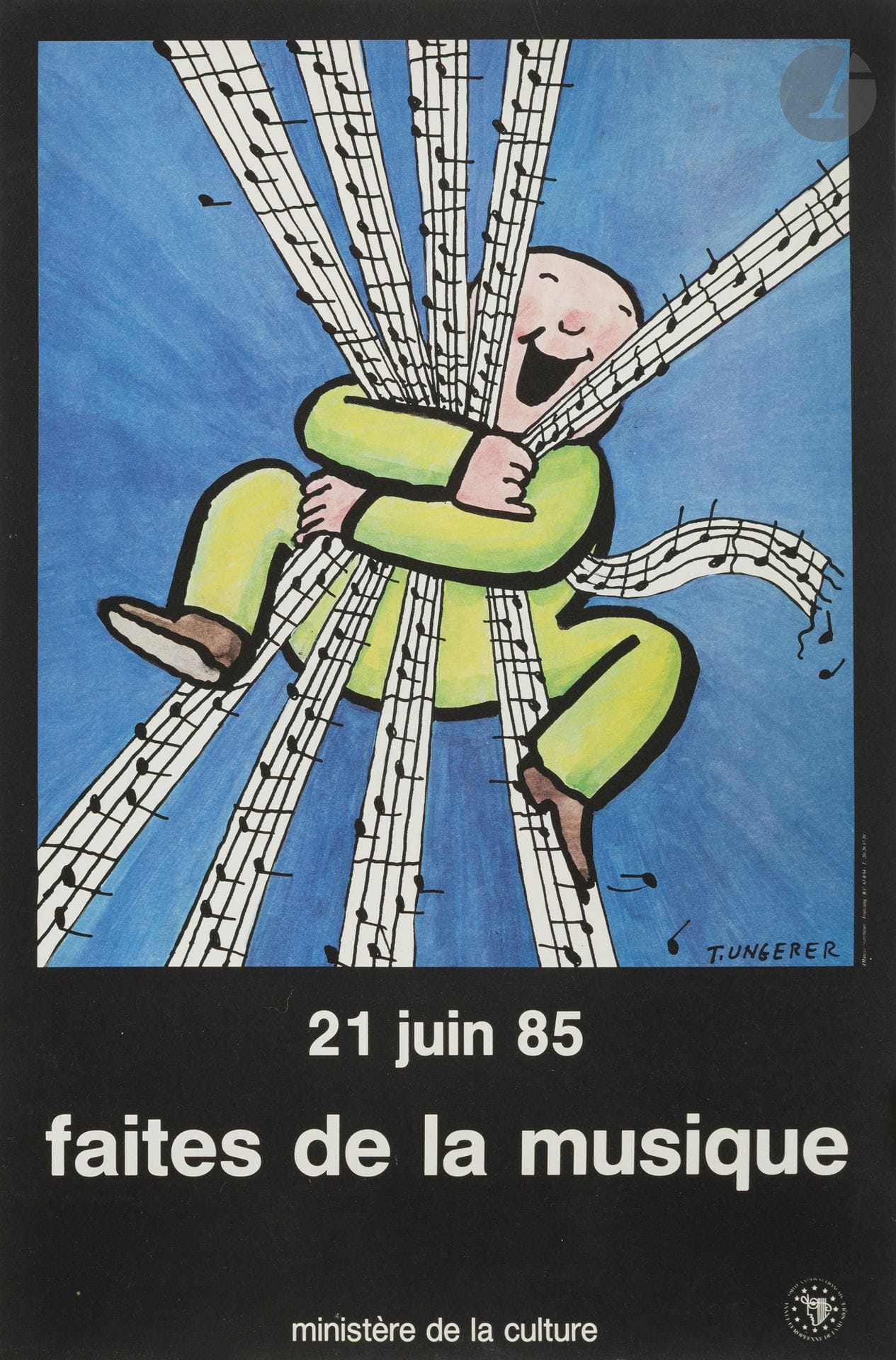 Tomi UNGERER (1931–2019)
Make Music, June 21, 1985
Chromolithograph. Mounted on canvas. 
Printed by D’hauss, Tourcoing. 
Signed lower right. 
Good condition. 
66 x 45.5 cm