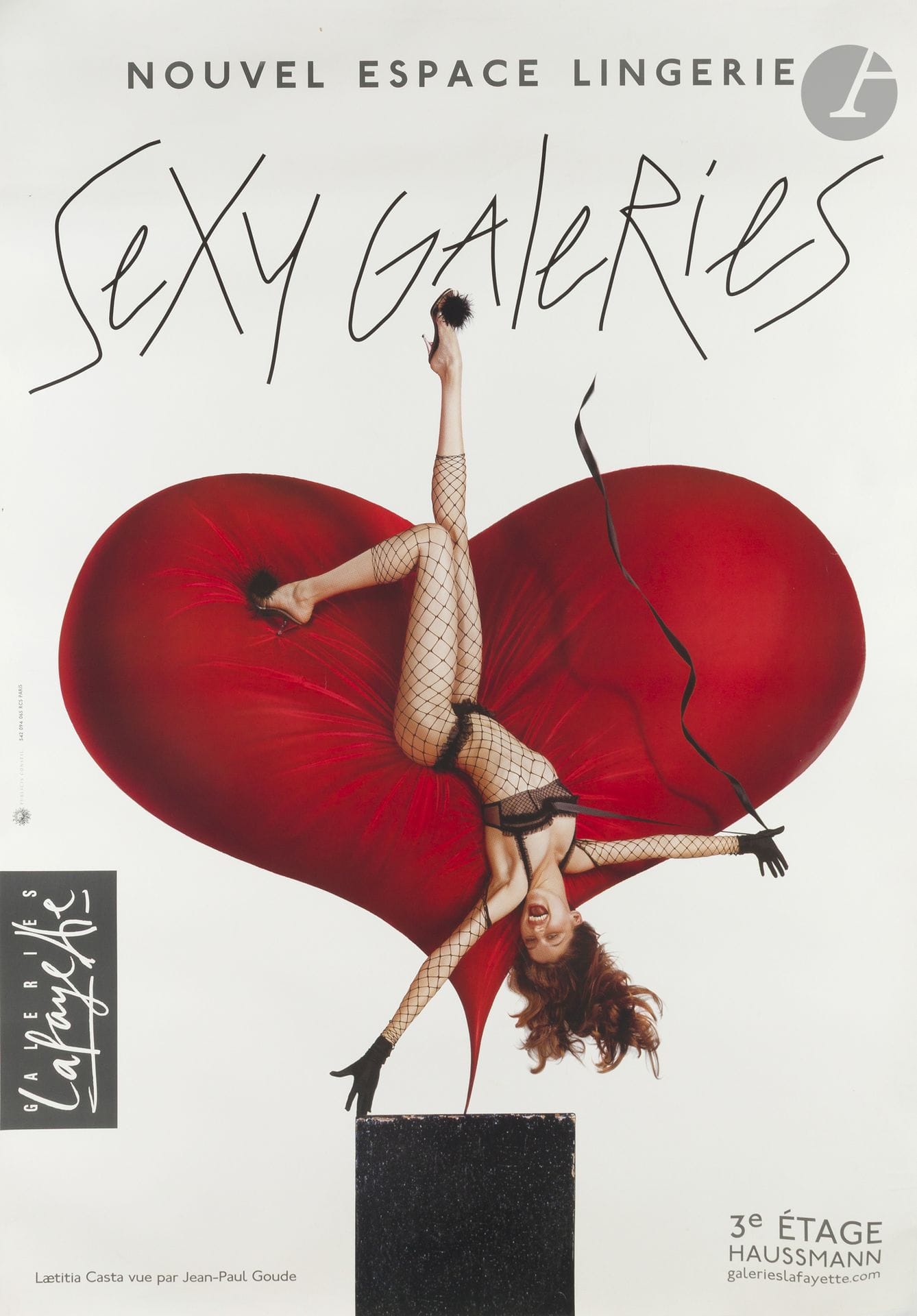 Jean-Paul GOUDE (né en 1938)
Galeries Lafayette, Sexy Galeries, Laetitia Casta
Chromolithographie. Entoilée.
Imp. Publicis Conseil, Paris.
Signée en bas à gauche.
Bon état.
184 x 130 cm

Bibliographie :
Patrick Mauriès, Jean-Paul Goude. Chronique d’une image, Jean-Paul Goude aux Galeries Lafayette.Éditions de La Martinière, 2009, p. 181.