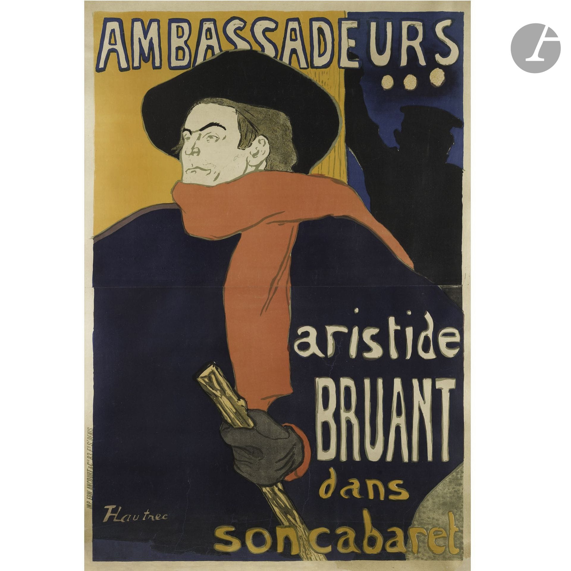 HENRI DE TOULOUSE-LAUTREC (1864-1901) 
Ambassadeurs, Aristide Bruant, 1892
Chromolithographie. Entoilée.
Imp. Edw. Ancourt & Cie. 83 Fg St. Denis.
Signée en bas à gauche.
140 x 96 cm
Bon état. Tâche brune qu'on trouve parfois à leurs jointures près de la marge droite.
Retouches de la lettre dans le bas de la planche. Du tirage en deux feuilles, avec de bonnes couleurs.

Bibliographie :
- Wolfgang Wittrock - Toulouse-Lautrec: The Complete Prints - Sotheby's Publications, Londres, 1985. Un modèle identique reproduit page 4.
- Gabriele Adriani - Toulouse-Lautrec: Das graphische Werk - Munich, 1988. Un modèle identique reproduit sous le numéro 3.