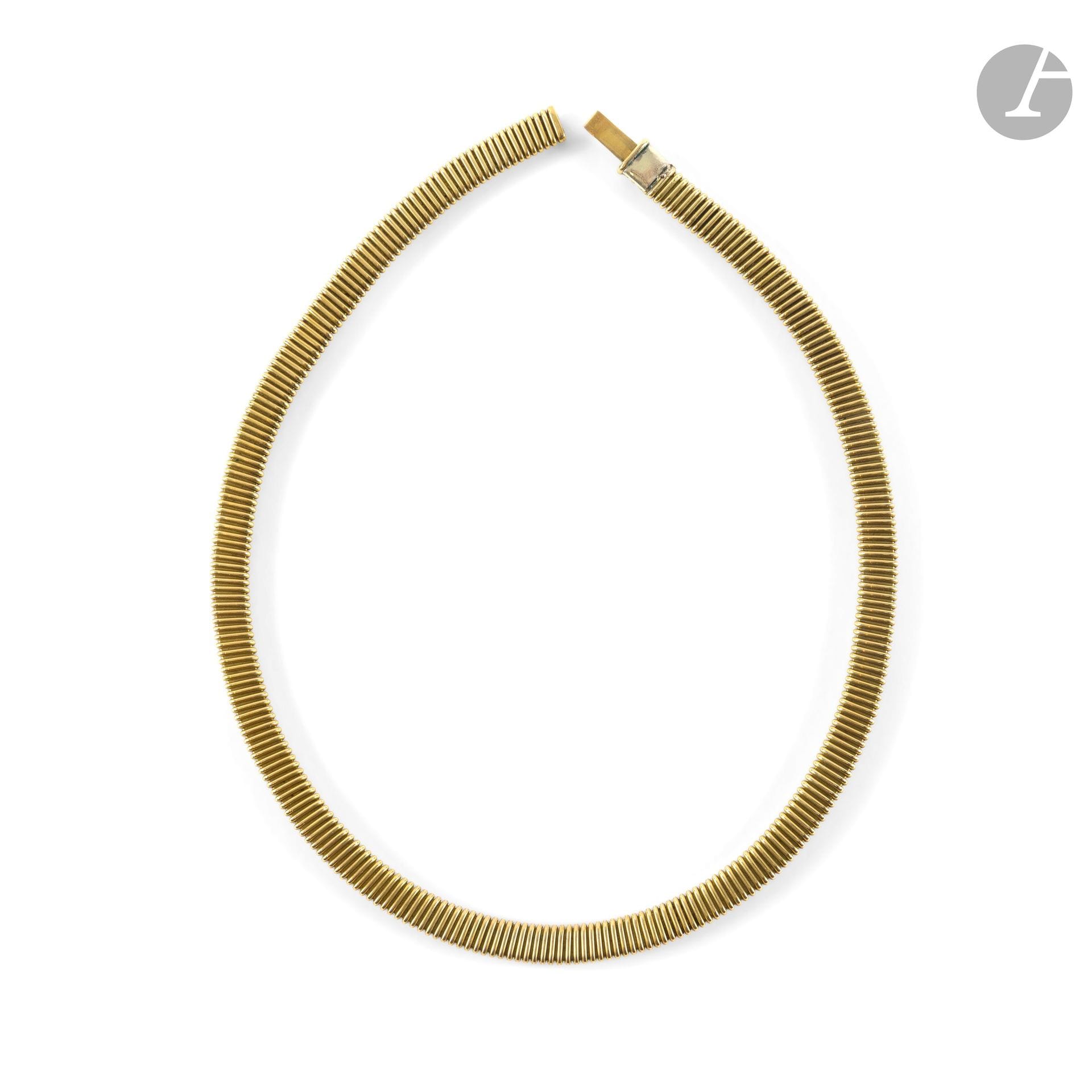 18K (750) gold necklace, flat tube. Length: approximately 40 cm. Weight: 26.2 g (repairs, traces of soldering, distortions)