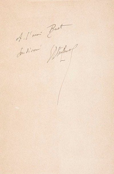 HUYSMANS (Joris-Karl). La Bièvre. Paris : L. Genonceaux, 1890. — In- 8, 43  pp. , (1 f.), couverture imprimée. Broché, couverture rempliée.

Première édition en librairie, illustrée de reproductions de dessins et de gravures dans le texte et à pleine page et d’un fac-similé d’autographe de l’auteur.
Exemplaire enrichi d’un envoi de l’auteur adressé à l’écrivain et journaliste Charles Buet (1846-1897). Ce dernier avait servi de modèle au personnage de M. Chantelouve dans le roman Là-Bas. Il tenait un salon littéraire avenue de Breteuil à Paris, où il recevait de grands noms de la littérature dont Huysmans.
Exemplaire bien conservé.