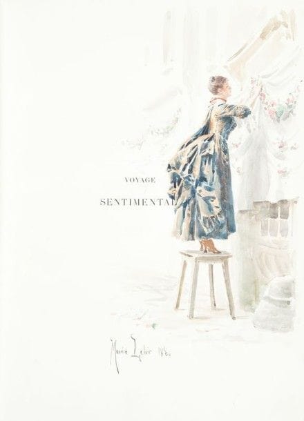 STERNE (Laurence). Voyage sentimental en France et en Italie. Traduction nouvelle et Notice de M. Émile Blémont. Paris : Librairie artistique, H. Launette, 1884. — Grand in- 4, portrait, XII, 212  pp. , (2  ff.), 11 planches, couverture illustrée. Demi-maroquin rouge à coins, dos lisse orné de motifs rocailles dorés accompagnés de fleurs et de papillons dorés et mosaïqués de maroquin vert, bleu et ocre, tête dorée, non rogné, couverture conservée (Affolter).

Première édition de la traduction proposée par Émile Blémont (1839-1927) du célèbre roman de l’écrivain écossais Laurence Sterne (1713-1768). Elle est illustrée de 220 ornements et compositions dans le texte et de 12 planches en photogravure, dont un portrait de l’auteur, par Maurice Leloir.
Un des 200 exemplaires du tirage spécial au format in- 4 Jésus, contenant une double suite des photogravures avant la lettre et une aquarelle originale inédite de Maurice Leloir ; celui-ci étant l’un des 100 sur papier Whatman.
Très bel exemplaire relié par Affolter, parfaitement conservé malgré de légers frottements à la charnière du premier plat et aux coins.