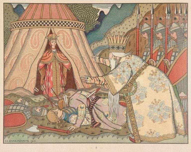 BILIBINE (Ivan Yakolévitch). Shazka o zolotom pietoushke. [Conte du Coq d’or.] Saint-Pétersbourg : Expédition de l’approvisionnement des papiers d’État, 1907 (1910). — In- 4 oblong, 11  pp. , couverture illustrée. Agrafé, couverture cartonnée souple.

Premier tirage des compositions de Bilibine, illustrant ce conte de Pouchkine. L’illustration diffère légèrement des productions habituelles de Bilibine et les encadrements que l’on trouve dans les précédentes publications de cet artiste ont disparu.
Exemplaire très bien conservé malgré un petit manque à un coin et une petite déchirure sans manque à un feuillet 
(pp.  7-8).