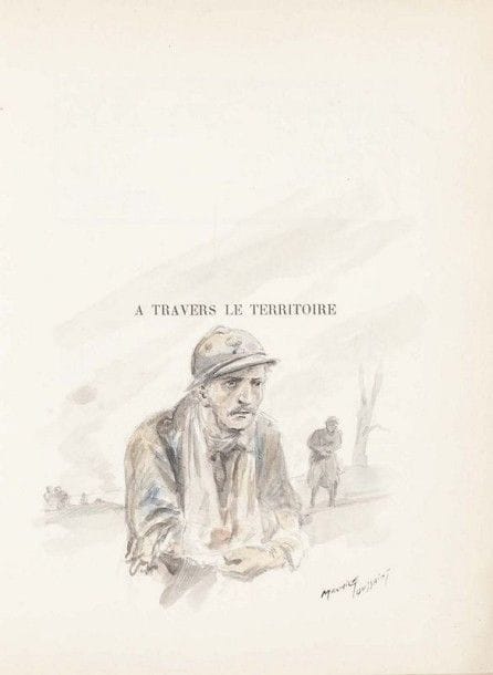 DUHAMEL (Georges). Vie des martyrs. 1914-1916. Paris : Mornay, 1919. — In- 8, portrait, 204  pp. , (2  ff.), couverture imprimée. Broché, couverture rempliée.

Premier livre de la collection “Les beaux livres” des éditions Mornay, tiré à 1040 exemplaires et illustré d’un portrait de l’auteur ainsi que de nombreuses figures, le tout gravé sur bois par Jean Lébédeff.
Un des 949 exemplaires sur vélin pur fil, comprenant un envoi autographe de l’auteur à Jean L’Hoëst daté de juin 1921.
EXEMPLAIRE UNIQUE, enrichi de 9 aquarelles originales du peintre et dessinateur Maurice TOUSSAINT (1882-1974).
Couverture brunie et mouillure claire aux premiers feuillets.
