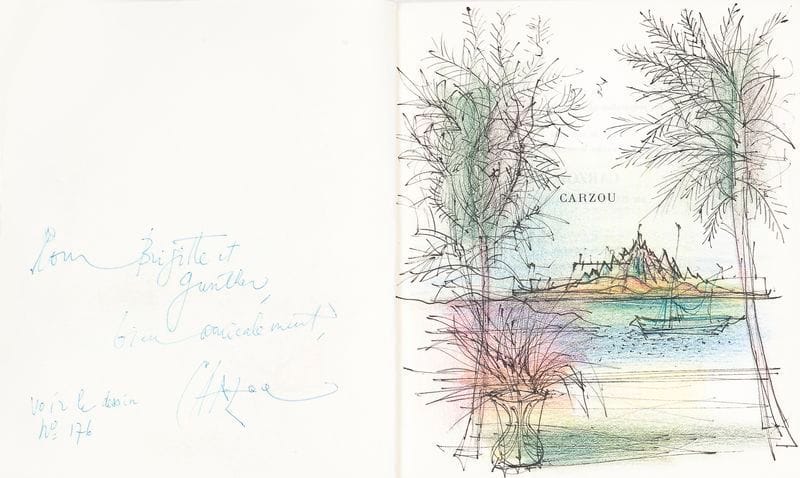 FELS (Florent). Carzou. Avec une biographie, une bibliographie et une documentation complète sur le peintre et son œuvre. Genève : Pierre Cailler, (1966). — In- 8, broché.

Troisième édition revue et augmentée de cette monographie consacrée à la vie et à l’œuvre de Carzou, abondamment illustrée de reproductions en noir et en couleurs des œuvres de l’artiste.
EXEMPLAIRE DE BRIGITTE BARDOT.
Il porte un envoi de Carzou adressé à Brigitte et à son mari d’alors Gunter Sachs, ainsi qu’un dessin original en couleurs de l’artiste recouvrant la totalité du feuillet du faux titre. Dans sa dédicace, Carzou fait un renvoi à l’illustration n° 176 du livre, qui est la reproduction du portrait qu’il a fait de Brigitte Bardot.
