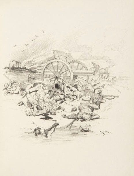 [GUERRE RUSSO-JAPONAISE] Aux victimes de la guerre russo-japonaise. Paris : Édouard Pelletan, 1904. — In- 4, demi-maroquin rouge à coins à la bradel, dos lisse orné, tête dorée, couverture conservée (Champs-Stroobants).

Très bel album établi par l’éditeur Édouard Pelletan pour un groupe d’artistes mené par Anatole France et Eugène Carrière, au profit des victimes de la guerre russo-japonaise.
Pelletan s’est attaché la collaboration d’écrivains et d’artistes renommés tels qu’Anatole FRANCE, SULLY PRUDHOMME, Jules RENARD, Eugène CARRIERE, Georges SCOTT, ROCHEGROSSE, SCHWABE, GRASSET, STEINLEN, FANTIN-LATOUR, FOUQUERAY, etc.
Cette publication fut tirée à plus de 15000 exemplaires imprimés par l’Imprimerie nationale. Celui-ci est l’un des très rares exemplaires de tête sur Japon numérotés et paraphés par l’éditeur. Très bien relié par Champs-Stroobants, il a été enrichi d’un impressionnant dessin original de Georges SCOTT, à la mine de plomb, représentant la déflagration d’une ligne de canonniers russes sur fond de ruines.
Petits frottements aux coins et aux coiffes.