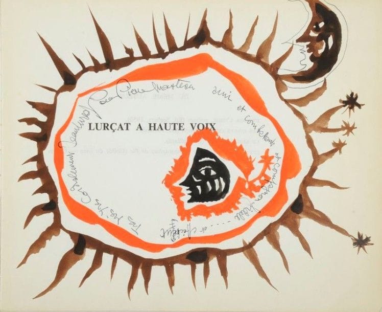 [LURÇAT (Jean)] FAUX (Claude). Lurçat à haute voix. Culs-de-lampe de Jean Lurçat, photographies de Pic. Paris : René Julliard, (1962). — In- 4 oblong, frontispice, 224  pp. , (2  ff.), 8  ff. de planches, couverture illustrée. Broché, couverture rempliée.

Édition originale, illustrée d’un frontispice en couleurs, de nombreux culs-de-lampe de Jean Lurçat et de 28 photographies de Pic représentant en majorité des œuvres et des portraits de l’artiste.
Ce livre « ne peut être considéré comme un essai sur l’art mural ni une biographie. C’est plutôt un voyage d’amitié, l’approche d’un artiste sans cesse en mouvement, une sorte de montagne cinématographique qui s’est organisée par plans, avec des séquences en extérieur et d’autres en bibliothèque, des retours en arrière et de l’anticipation, des ennuis techniques et quelques bonnes bouteilles de Cahors. (…) C’est dans le présent ouvrage que se trouve la première étude d’ensemble du grand œuvre de Lurçat, “Le Chant du Monde” , grande toile tissée composée de neuf tapisseries mesurant ensemble 500 m2.
Exemplaire enrichi d’un envoi autographe de Lurçat à un de ses amis :
Pour Pierre ? ami et combattant et compagnon fidèle .... et affectueux. Très très très cordialement Jean Lurçat
L’envoi prend place dans un important dessin original peint en orange, noir et marron par l’artiste.
Lurçat a également enrichi l’exemplaire de petits croquis au crayon rouge dans la marge des pages 73, 85, 101, 109, 117, 125, 141, 145, 149, 153, 163, 171 et 175. 
Dos et bords des couvertures légèrement brunis. Pages 177 à 184 et 189 à 192 salies. Quelques passages soulignés.