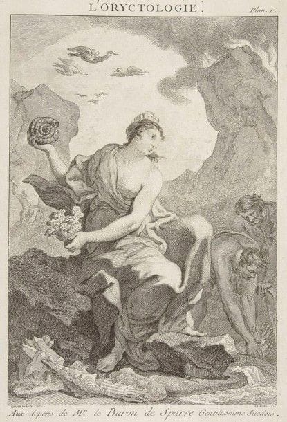 [DÉZALLIER D’ARGENVILLE (Antoine-Joseph)]. L’Histoire naturelle éclaircie dans une de ses parties principales, l’oryctologie, qui traite des terres, des pierres, des métaux, des minéraux, et autre fossiles, ouvrage dans lequel on trouve une nouvelle méthode Latine & Françoise de les diviser, & une notice critique des principaux Ouvrages qui ont paru sur ces matières. Paris : De Bure l’aîné, 1755. — Grand in- 4, frontispice, (4  ff.), xvj, 360  pp. , (1 f.), 25 planches. Veau marbré, dos à nerfs orné, tranches rouges (reliure de l’époque).

Seconde édition en grande partie originale dédiée à la Société royale des sciences de Londres.
Dézallier d’Argenville était un grand voyageur, passionné d’histoire naturelle. Il avait formé l’un des plus célèbres cabinets de curiosités naturelles existant en France au XVIIIe siècle.
Cet ouvrage est la suite du livre sur la Conchyliologie que Dézallier publia en 1742 et dans lequel il avait déjà présenté sommairement une première étude sur les pierres. C’est cette étude qu’il donne ici de nouveau, largement augmentée pour former un volume indépendant.
Elle se divise en 3 parties : la première “offre une nouvelle méthode latine et françoise de diviser tous les fossiles, suivant leurs qualités naturelles & apparentes, dans les classes qui leur conviennent”. Il y est joint “une notice critique des meilleurs Auteurs qui ont traité de la Conchyliologie & de la Lithologie” et la partie se termine par “un Catalogue ou interprétation de plusieurs termes”. La seconde partie “renferme tous les fossiles naturels à la terre, divisés en trois classes” : les terres - les pierres sous le nom de Lithologie - les sels, les soufres, les métaux et les minéraux. La troisième partie porte sur les fossiles étrangers ; elle est divisée en 4 classes : les vraies parties des animaux pétrifiées - celles des végétaux - les pierres poreuses formées dans la mer et apportées sur terre - les pierres qui croissent naturellement dans les animaux, le