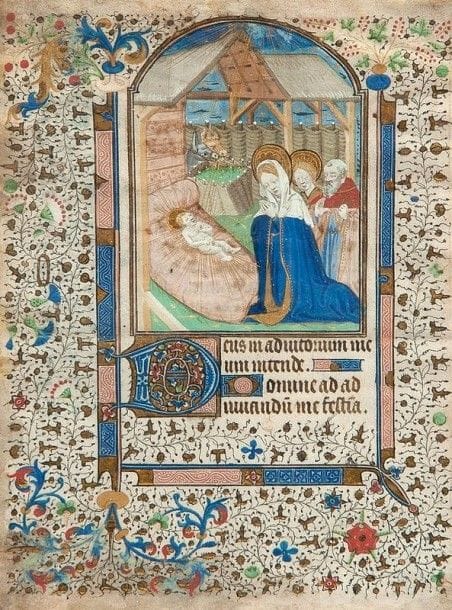 [ENLUMINURE]. La nativité. France, vers 1460. — Feuillet 178 x 133 mm, contrecollé et placé dans un cadre du XIXe siècle.

Belle page de livre d’heures enluminée avec rehauts d’or, représentant la scène de la nativité dans un riche encadrement de rinceaux de feuilles et de fleurs. 
Lettrine ornée sur fond or.
Bords salis.
