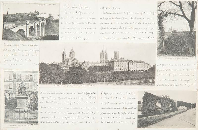 [VOYAGE - NORMANDIE]. Cinq Jours de Voyage. Septembre 1907. S.l., 1907. — Album in- 4 de
25 feuillets montés sur onglets. Percaline vert pomme à la bradel, dos lisse, non rogné.

Intéressant album manuscrit décrivant 5 jours de voyage en Normandie.
Le document est signé des initiales E.O. Il débute par un titre aquarellé en couleurs dont l’encadrement rappelle la ferronnerie. Suit le récit du voyage qui commence le lundi 16 septembre 1907. Partis de Bayeux, les voyageurs se rendirent à Coutances, au Mont Saint-Michel, à Dol-de-Bretagne, Avranches, Granville et Saint-Lô.
L’intérêt de ce document provient non seulement du récit, à la fois sensible et cultivé, mais également des 152 cartes postales de l’époque qui ont été collées pour illustrer le voyage. 
Petites rousseurs.