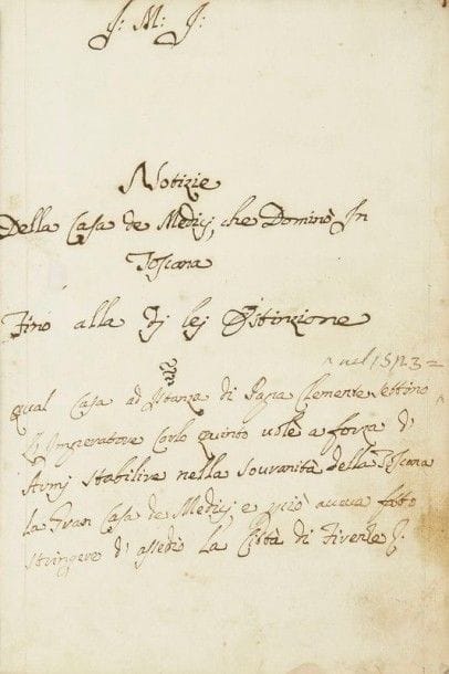 [MANUSCRIT]. Notizie Della casa de Medicj, che Domino In Toscana. [Pise, 1758]. — Manuscrit in- 4, 289  pp.  Vélin blanc, filet doré en encadrement sur les plats, dos lisse orné (reliure du XIXe siècle).

Important manuscrit italien composé, d’après l’indication donnée au dos, à Pise en 1758, contenant une notice historique de tous les principaux membres de la maison Médicis, souverains de Toscane, depuis Cosme (1389-1464) jusqu’à Jean Gaston (1671-1737), dernier représentant des grands-ducs de Toscane de cette prestigieuse maison.
Le manuscrit semble être inédit et son auteur n’est mentionné que par les initiales J.M.J. portées en haut du titre. Il fut écrit de la même main tout du long et ne possède que de très rares ratures.
Il est complété de 5 brochures italiennes imprimées du XVIIIe siècle :
- Relazione dell’ ultima malattia Morte, e Sepoltura dell’ altezza reale del serenissimo Gio. Gastone I granduca di Toscana. Florence, 1737.
— In- 4, 12  pp. 
- Relazione dell’ ultima malatia, morte, e sepoltura Dell’ Altezza Reale della Serenissima eletrice Palatina, figlia del serenissimo Cosima terzo gran-duca di Toscana. Di gloriosa mamoria, &c. Seguita il di 18 Febbraro 1743. Lucca : Domenico Ciuffetti, Filippo Maria Benedini, 1743. — In- 4, (2  ff.).
- Relazione giornaliera De’ Terremoti seguiti in questa Città di Livorno nel Mese di Gennajo 1742. Cavata dalle memorie di Casa Boccacci di Livorno. Martedi 16 Gennaro 1742 a Nativitate. Pise, 1742. — In- 4, 20  pp. 
- Relazione della solenne coronazione di sua maesta’ cesarea Francesco I duca di Lorena, e di Bar, granduca di Toscana, ec. in re de’ Romani, ed imperadore Seguita nella Città di Francfort il di 4 Ottobre 1745. Con tutte le Funzioni, e Feste fatte intale occasione. Florence : Bernardo Paperini, 1745.
— In- 4, 8  pp. 
- Relazione dell’ ingresso fatto in Firenze Dalle Altezze Reali del Serenissimo Francesco III duca di Lorena, e di Bar, ec. ec. Granduca di Toscana, E della Sere
