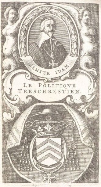 [VILLAREAL (Manuel Fernandes de)]. Le Politique tres-chrestien ou discours politiques Sur les actions principales de la vie de feu Monsr l’Eminentissime cardinal duc de Richelieu. Paris [Amsterdam : J. Janssonius], 1647. — In- 12, (14  ff.), 308  pp.  Maroquin bleu nuit, encadrements de roulettes dorées et à froid sur les plats, dos lisse orné, roulette à froid intérieure, tranches dorées (reliure du XIXe siècle).

Willems, n° 593.
Contrefaçon de l’édition elzévirienne de 1645, sortant des presses de Johannes Janssonius à Amsterdam.
“Ce livre, traduit de l’espagnol, est une apologie des principaux actes du cardinal de Richelieu et de l’antiquité de sa maison, qu’il fait descendre des rois de Castille et de Portugal, par le mariage de Guyonne de Laval avec Fr. du Plessis, l’un des ancêtres du premier ministre. L’auteur était un portugais, nommé Man. Fernandes-Villareal, consul de sa nation à Rouen. Il périt à Lisbonne en 1652, étranglé par ordre de l’inquisition. Le traducteur anonyme est De Grenaille, Sr de Chatounières. La première édition est de Paris, T. Quinet, 1645, in- 4” (Willems).
L’édition est illustrée d’un frontispice gravé sur cuivre, orné du portrait et des armes du cardinal de Richelieu.
Exemplaire provenant de la collection de Bure, célèbre famille de libraires et bibliophiles parisiens aux XVIIIe et XIXe siècles.
Dos légèrement insolé.
Provenance : De Bure, avec signature sur le titre.