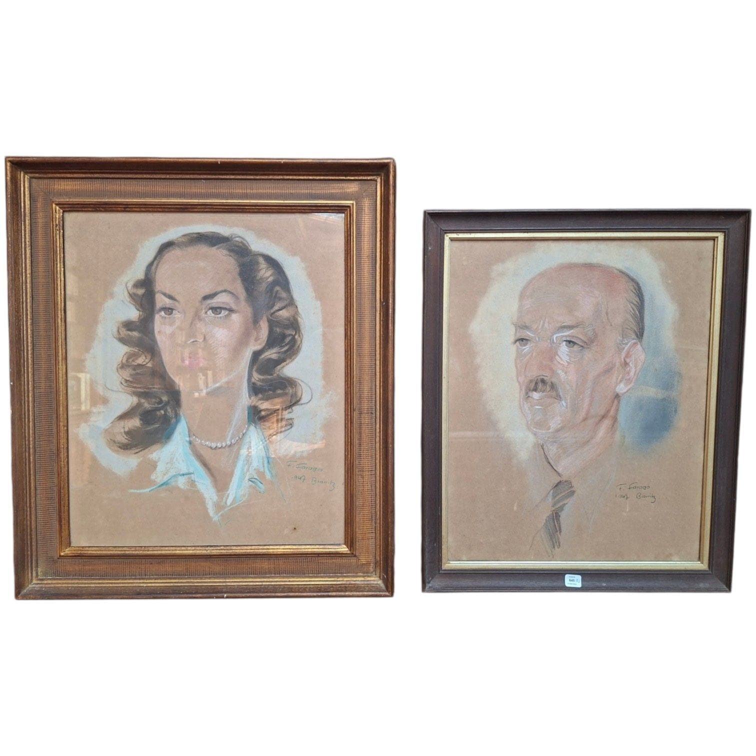 F. FARAGO (20th century)
Two Portraits, 1947
Pencil and pastel.
Signed and dated lower right. 
As shown: H: 44 cm - W: 35 cm 
H: 45 cm - W: 37 cm
(Lot sold as is).