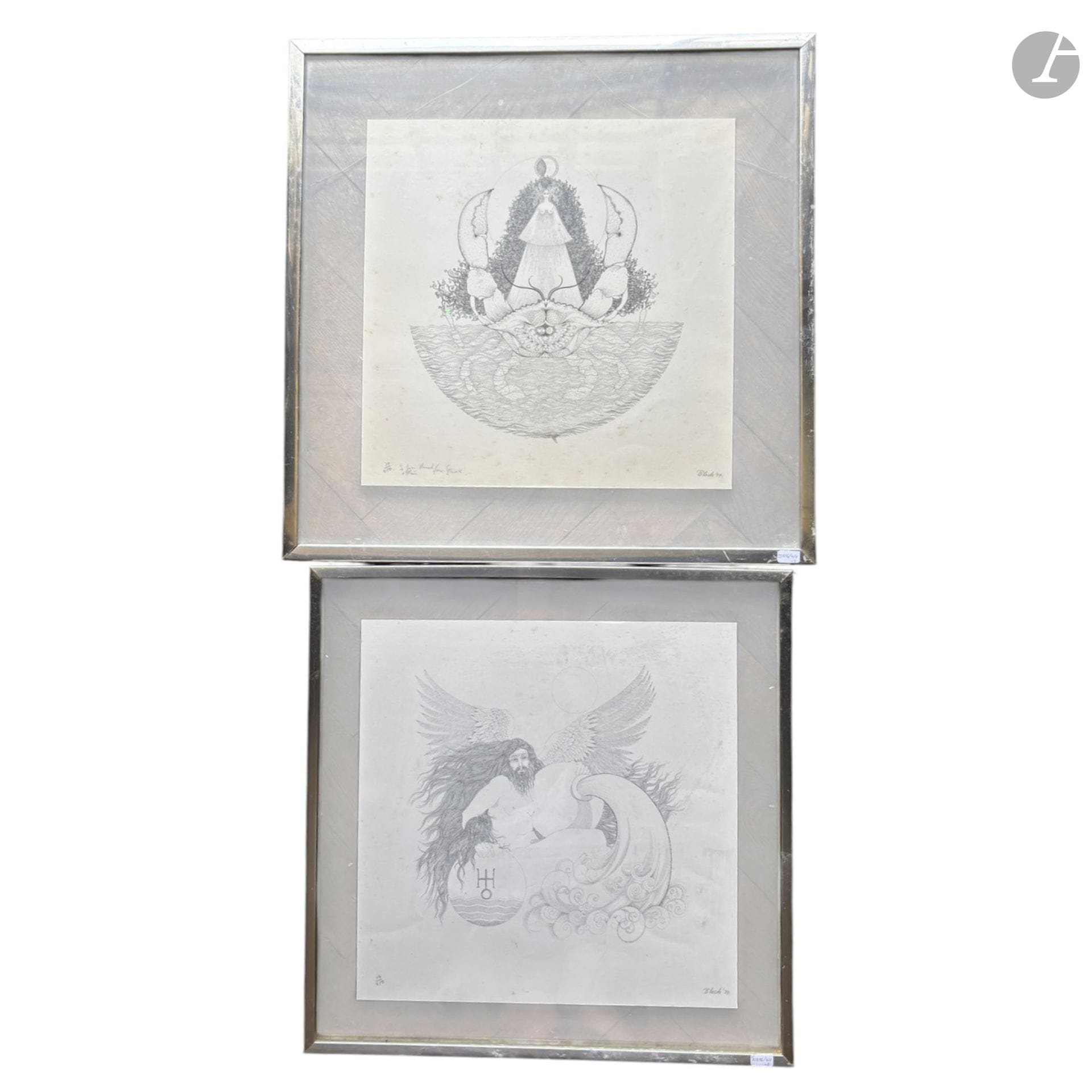 Stewart BLACK (né en 1938) 
Le Capricorne et Le Cancer, 1974
Lithographies. 
Signées et datées au crayon en bas à droite. 
Dédicacée en bas à gauche pour l'une "Stewart [...] to Mimi". 
H. : 43 cm - L. : 43 cm
(Bon état).