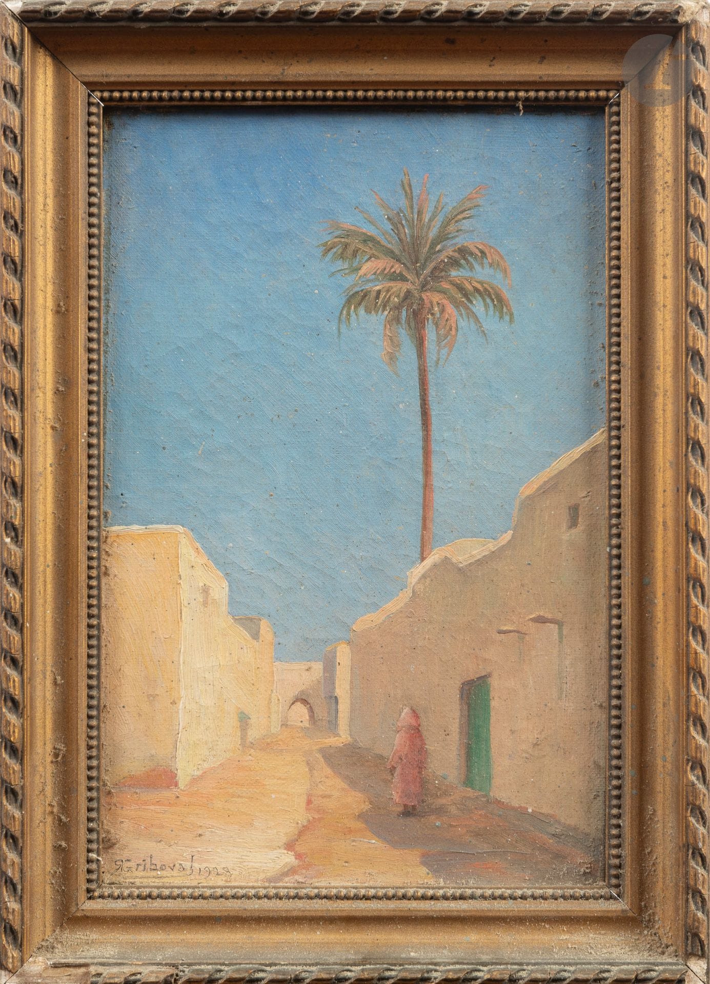 René GRIBOVAL (1886-1968)
Scène animée orientaliste, 1928
Huile sur toile. 
Signée et datée en bas à gauche.
H. : 24 cm - L. : 17 cm
(Lot vendu en l'état).