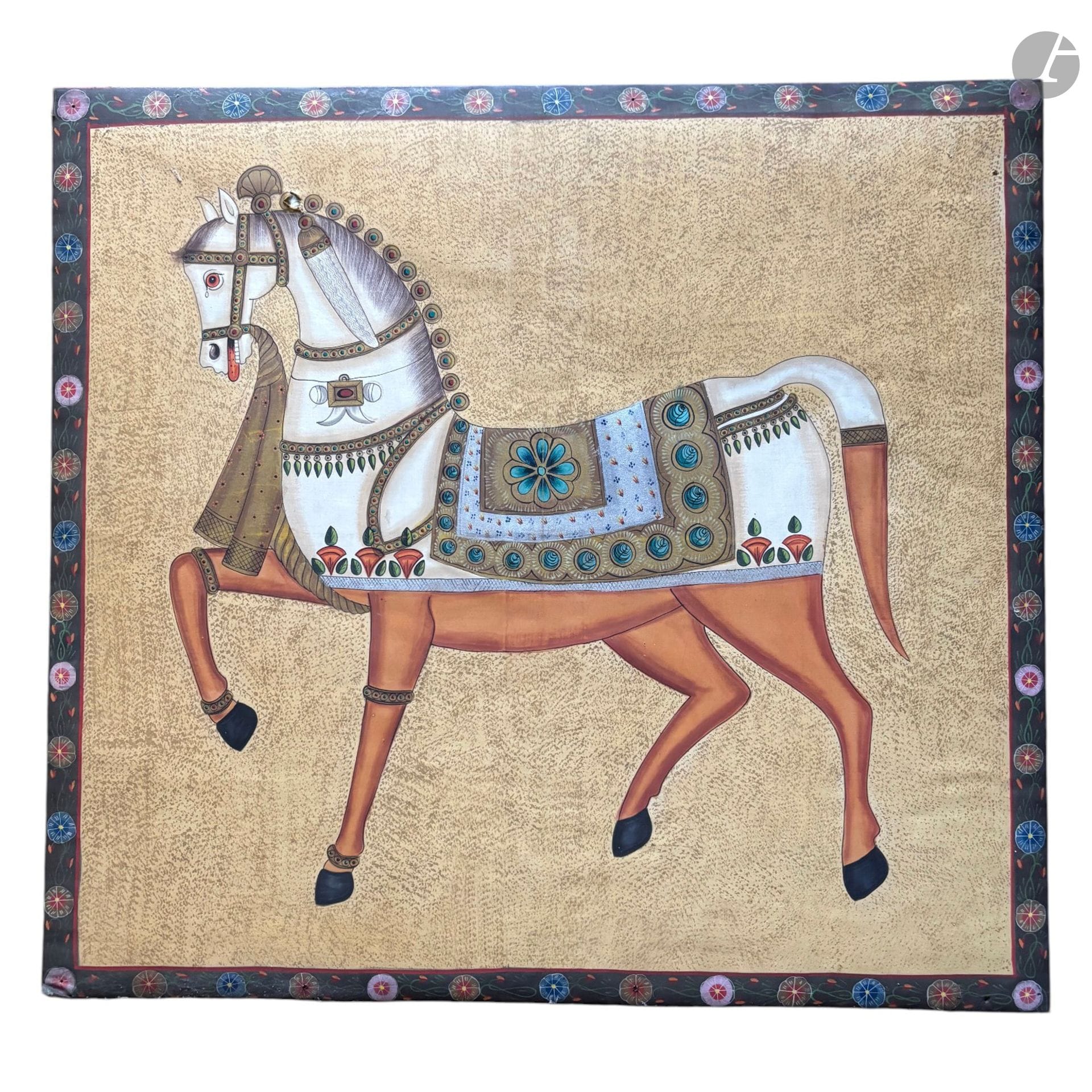 Cheval marchant.
Peinture sur tissu.
Inde, XXe siècle.
H. : 118 cm - L. : 127 cm
(Lot vendu en l'état).