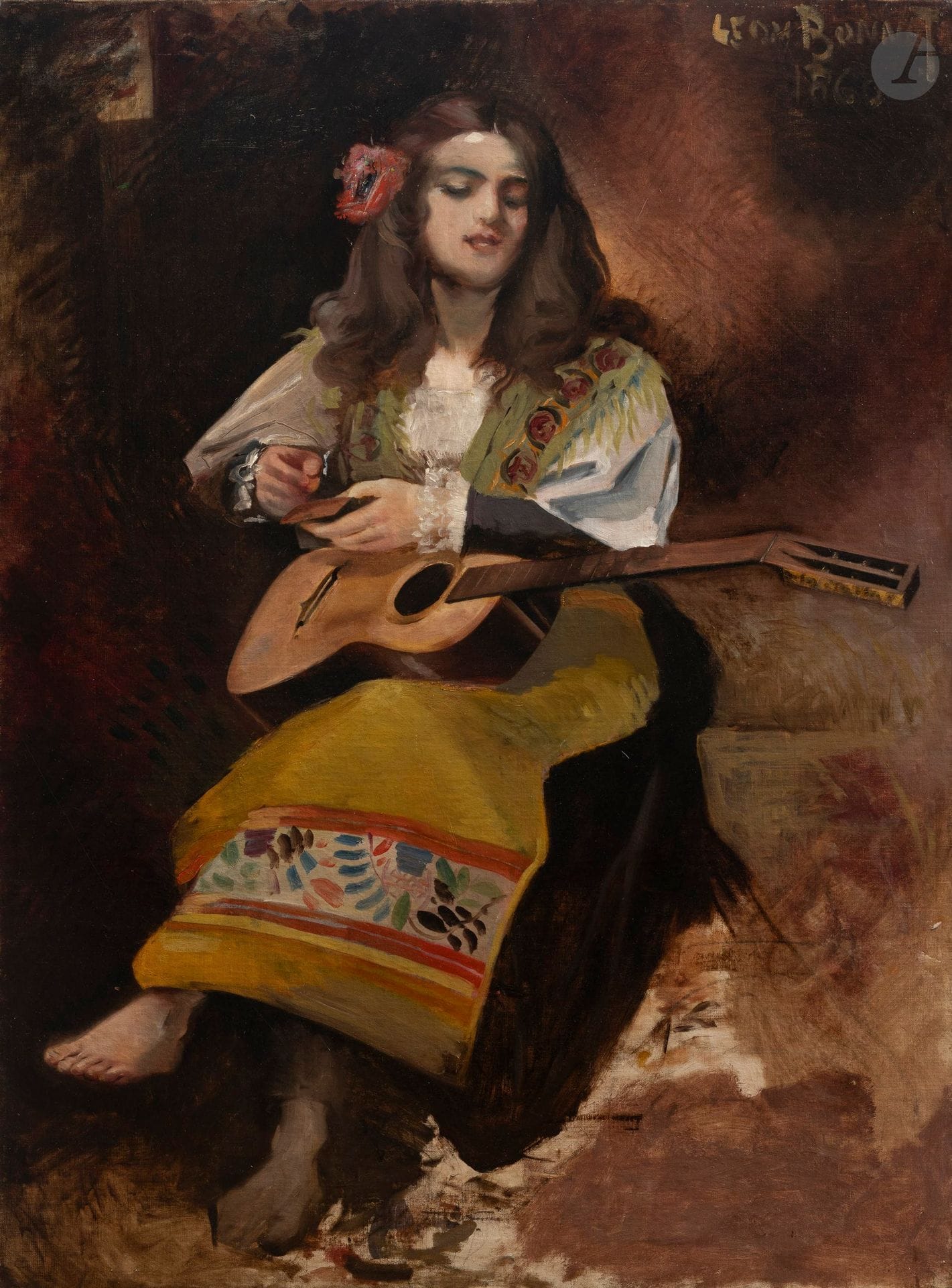 École du XIXe siècle.
Jeune fille à la guitare, 1860
Huile sur toile.
Datée en haut à droite.
Porte une signature apocryphe "Léon BONNAT".
H. : 130,5 cm - L. : 97,5 cm
(Rentoilage ancien, lot vendu en l'état).
