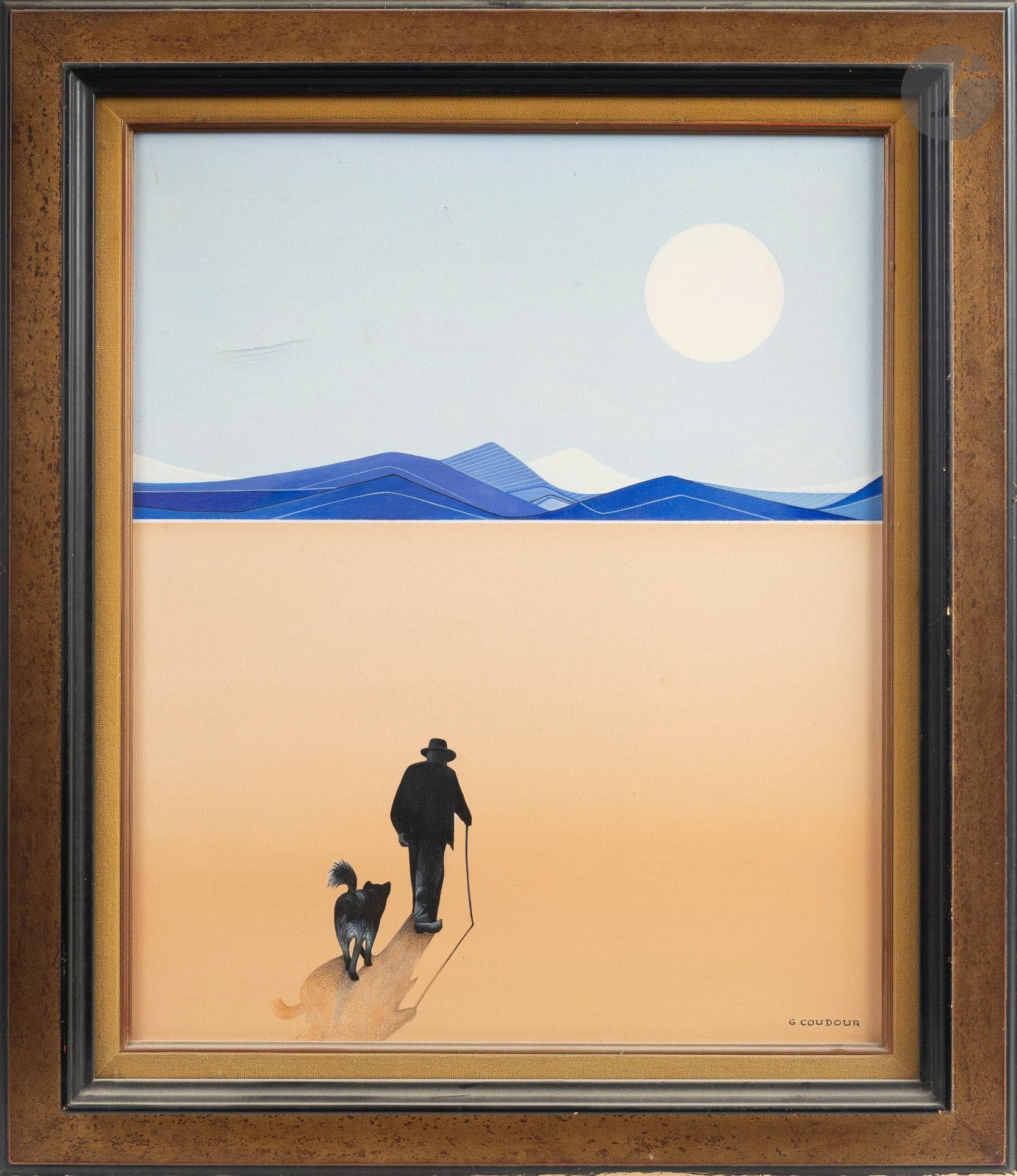 Gilles COUDOUR (born in 1942)
Man and His Dog
Oil on canvas.
Signed lower right. 
H: 64 cm - W: 54 cm
(Lot sold as is).