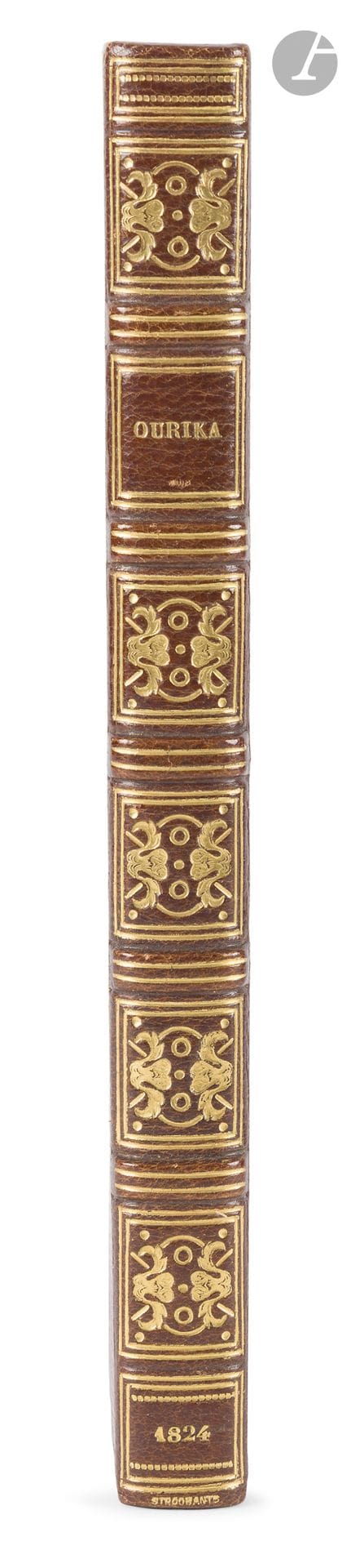 DURAS (Claire de).
Ourika.
Paris: Ladvocat, 1824. — In-12, 187 x 108: 172 pp., printed cover. Long-grain Lavallière half-maroquin with corners, gilt fillets, decorated ribbed spine, untrimmed, cover and spine preserved (Stroobants). 
Second edition, published to benefit a charitable institution. It appeared a few months after the extremely rare first edition, of which only a very small number of copies were printed and never sold commercially.
A very fine copy bound as a paperback by Stroobants for Victor Mercier.
Provenance:
Victor Mercier, with bookplate and the autograph note “Coll. comp. June 3, 1915” at the end (II, 1937, no. 902). – Raoul Simonson, with bookplate.