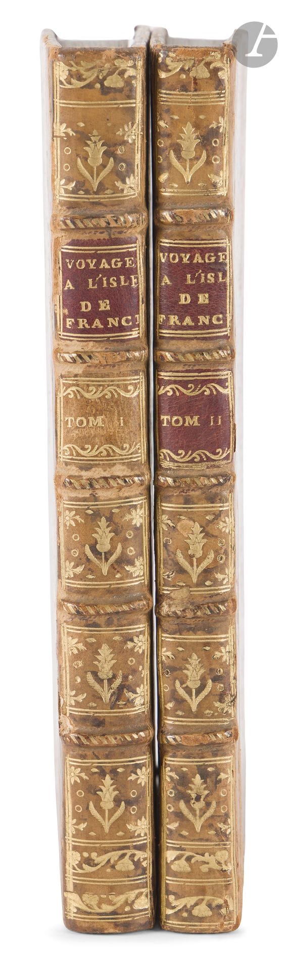 [BERNARDIN DE SAINT PIERRE (Henri)].



Journey to the Isle of France, the Isle of Bourbon, the Cape of Good Hope, etc., with New Observations on Nature and Mankind.



Amsterdam, Paris: Merlin, 1773. — 2 volumes in-8, 194 x 123: frontispiece, (2 ff.), 100 pp., 8 fold-out pages, pp. 101–328, 3 plates; (2 ff.), 278 pp., 2 plates. Marbled calfskin, decorated raised spine, marbled edges (contemporary binding). 







First edition of this travelogue recounting the author’s expedition to Mauritius.







In this work, Bernardin de Saint-Pierre combines naturalist observations (flora, fauna), sociopolitical reflections, and portraits of local cultures, while exploring themes such as colonialism and attachment to place. In his preface, he clearly states his objective:



“I shall consider myself to have been of service to mankind if this humble account of the plight of the unfortunate Blacks can spare them a single lash, and if the Europeans, who in Europe cry out against tyranny and who write such fine treatises on morality, cease to be barbaric tyrants in the Indies ” (p. iv).







The edition is illustrated with six plates, three of which are based on works by Moreau the Younger. It also includes 4 fold-out sheets showing the “Dimensions of the ship Le Marquis de Castries, with a tonnage of seven hundred,” the “Masts of the ship,” and the “Nautical observations, & chart of the route, winds, etc. during the voyage” from March to July 1768.







A fine copy in a contemporary binding, from the library of the Château de Souverain Moulin.







Some scuffing on the covers; corners slightly worn. Wormholes in the lower margin of the leaves of the second volume.







Provenance:



Château de Souverain Moulin, with bookplate. – Marquise de Chauvelin, with signature on the half-titles.