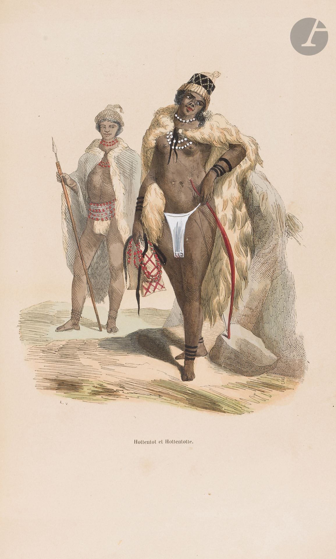 HENRICY (Casimir).
Les Mœurs et costumes de tous les peuples, d’après les documents les plus authentiques, les voyages les plus récents et des matériaux inédits.
Paris : Librairie Ethnographique, 1847. — 2 tomes en un volume grand in-8, 259 x 164 : (2 ff.), 384 pp., (2 ff.), 35 planches ; (2 ff.), 112 pp., (2 ff.), 20 planches. Demi-chagrin rouge à coins, filets dorés, dos à faux nerfs orné, tranches marbrées (reliure de l’époque). 
Colas, 1427.
Édition originale rédigée par Casimir Henricy (1814-1900) et publiée sous la direction du géographe Frédéric Lacroix (18-1864).
Ce volume comprend les deux premières parties, les seules parues, d’une histoire ambitionnée des mœurs et des costumes de tous les peuples du monde. Elles traitent exclusivement de l’Afrique et de l’Océanie et sont illustrées au total de 55 planches en couleurs et de 134 gravures sur bois dans le texte.
L’avant-propos, d’une violence verbale frappante, révèle un état d’esprit profondément marqué par le racisme scientifique et l’eurocentrisme du XIXe siècle : « L’Afrique et l’Océanie inaugurent ce tableau des mœurs et des costumes de tous les peuples de l’univers. Ce n’est point sans motifs que l’auteur débute ainsi. Ces deux parties du monde renferment les populations les plus arriérées et les plus bas placées sur l’échelle de la création humaine. L’habitant de la terre de Van Diemen, avec ses membres grêles et débiles, avec ses traits hideux, qui le rapprochent du singe ; le nègre, aux cheveux laineux, au nez aplati, aux lèvres épaisses et protubérantes, au front déprimé, représentent les races les plus disgraciées de la nature, les plus pauvrement dotées, au moral comme au physique. Il semble que ces deux types n’aient été entre les mains de l’auteur de toutes choses, que des essais, d’informes ébauches destinées à servir de modèle à des êtres plus parfaits. Ainsi la civilisation a-t-elle oublié ces parias de notre espèce. Dépourvus d’initiative, de génie créateur, ces peuples déshérités croupissent encore dans la barbarie des âges primitifs. »
Cet extrait illustre une mentalité coloniale, où la supériorité blanche est présentée comme une évidence, légitimant ainsi la domination européenne sur ces régions.
Frottements, épidermures, et taches à la reliure. Coins émoussés, deux manques sur le second plat. Rousseurs et quelques planches brunies.
Provenance :
Maurice Pereire, avec ex-libris.