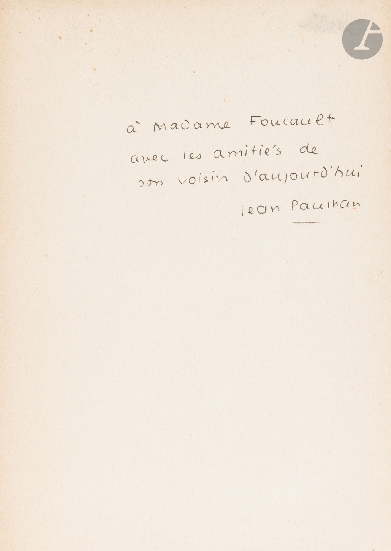 PAULHAN (Jean).
Les Hain-Teny. Mérinas. Malagasy Folk Poetry.
Paris: Librairie Paul Genthner, 1913. — In-18, 190 x 129: (2 ff.), 457 pp., (3 ff., last blank), printed cover. Paperback. 
Rare first edition; no large-format edition was printed.
This is a collection of Malagasy folk poetry published by Jean Paulhan, the result of his stay in Madagascar between 1908 and 1910, where he taught at the Collège de Tananarive.
The hain-teny (a Malagasy expression meaning “science of words”) are poems composed of a clear, descriptive part and an obscure, metaphorical, and proverbial part. In Madagascar, they are part of a tradition of poetic duels, in which opponents clash using proverbs, which are offered as arguments or evidence. The publication of *Hain-Teny* marked a literary milestone: this collection even enabled Malagasy intellectuals to rediscover this tradition.
Dirty and stained cover; tears and missing sections on the spine. The first two leaves are unbound.
Also included, by the same author:
- *Les Hain-Tenys*. Paris: Gallimard, [1939]. — In-16, 187 x 117: 216 pp., (1 f.), printed cover. Paperback.
Second edition.
Press copy, featuring this autographed dedication by the author on the first blank page:
 To Madame Foucault // with best regards from //
 her neighbor today // Jean Paulhan
Soiling and small tears on the cover.
- *Les Hain-Teny. Poésie obscure*. Monaco: Société de conférences, 1930. — In-8 booklet, 222 x 140: (1 blank folio), 41 pp., printed cover. Paperback.
First edition of the lecture given on January 6, 1930, by Jean Paulhan on Malagasy poetry.
Limited edition of 104 copies; this one is among the 100 printed on pure rag paper in the “forme” format (No. 72), accompanied by a signed autograph dedication from the author: “To the Viscount de Noailles, // with warmest regards // from Jean Paulhan.”
Cover has darkened.
Provenance:
Viscount de Noailles, with the author’s inscription. - Marie Laure, with bookplate.
