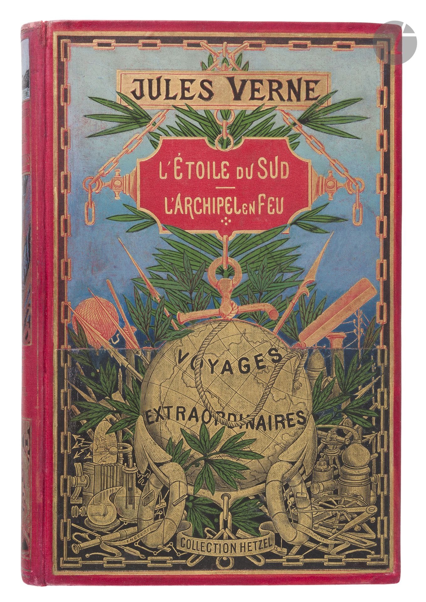 VERNE (Jules).
L’Étoile du Sud (le pays des diamants) - L’Archipel en feu. 112 dessins par L. Benett et 2 cartes.
Paris : Bibliothèque d’éducation et de récréation, J. Hetzel et Cie, [1897]. — In-8, 278 x 176. Cartonnage polychrome « au globe doré à l’empiècement », tranches dorées (Engel). 
Très rare exemplaire en cartonnage au globe doré du deuxième type, « à l’empiècement », que Jauzac n’avait pas encore rencontré au moment de publier sa bibliographie.
Exemplaire remboité, le cartonnage a été habilement restauré. Rousseurs et déchirures à quelques feuillets.