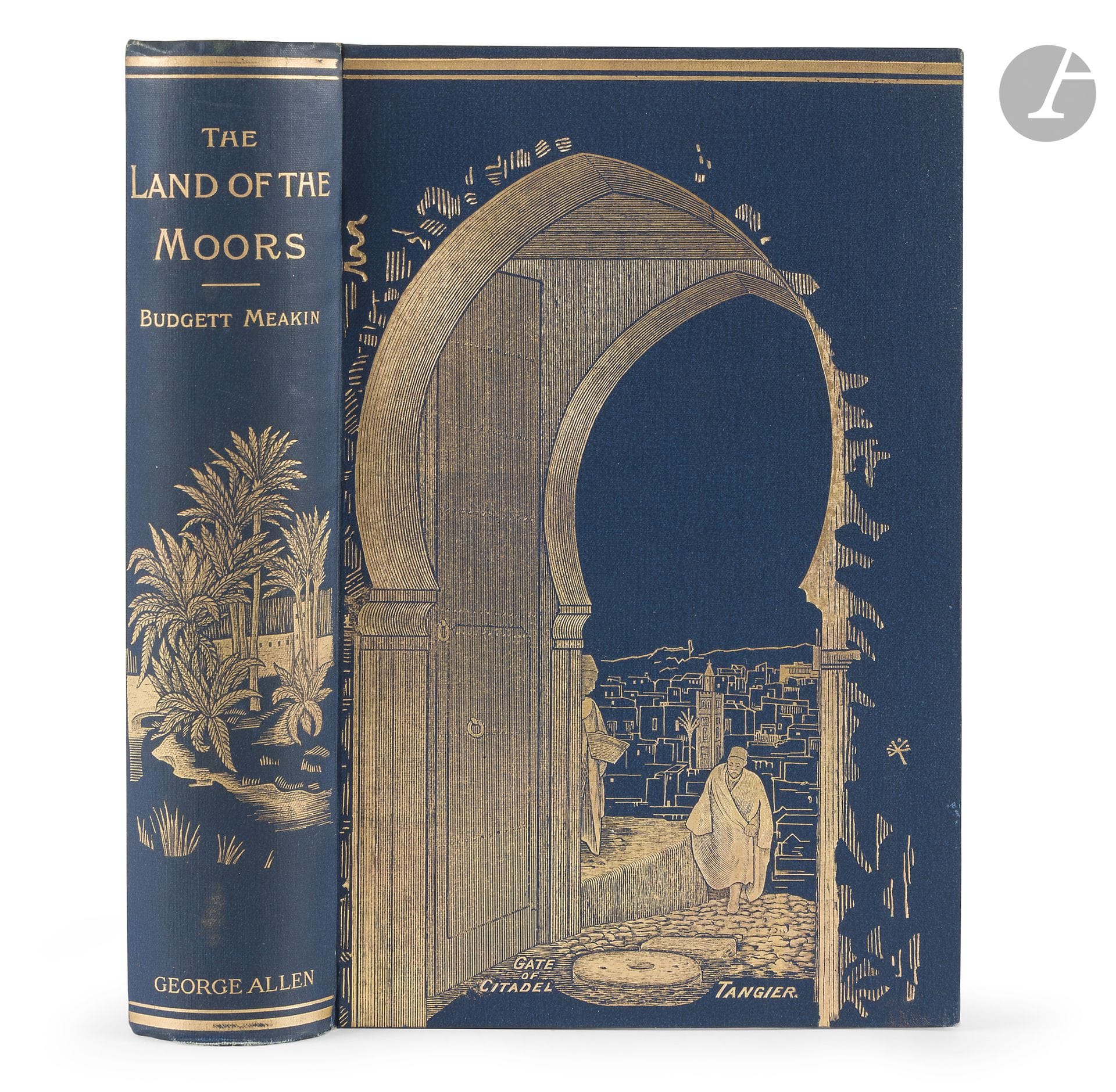 BUDGETT-MEAKIN (James Edward).



The Land of the Moors: A Comprehensive Description.



London: Swan Sonnenschein & Co., 1901. — In-8, 218 x 142: (2 ff.), pp. (ix)-xxxi, (1 folio), 464 pp., 1 map. Dark blue percaline, gilt plate on the front cover depicting the gate of the Tangier citadel, plain spine adorned with a gilt plate (publisher’s binding). 







First edition of this comprehensive work on Morocco at the dawn of the 20th century, combining travelogue, ethnographic study, and cultural guide, by journalist James Edward Budgett Meakin (1866–1906).







The book is divided into three main parts:



- The first explores the natural and physical aspects of Morocco, with chapters devoted to its geography, mineral resources, flora, and fauna.



- The second, focusing on political and urban aspects, reviews the open ports (Tangier, Rabat), the closed ports (Mehediya), the imperial cities (Fez, Marrakesh), the sacred cities (Moulay Idriss, Chefchaouen, Ouazzane), secondary cities (El Ksar el Kebir, Tadla district), as well as the Spanish possessions (Santa Cruz de Mar Pequeña, Zaffarine Islands) and regions beyond the Atlas Mountains (Souss, Taroudant, Agadir, the Draa Valley, Figuig, Touat).



- Finally, the third part takes on a more personal and narrative tone through travel stories: memories of journeys, immersion in Moorish attire, bike rides to Marrakech, and even the mysterious quest for “Miltsin.” The book concludes with an appendix reproducing the ancient account of Hannon’s Periplus, followed by a detailed index (places, people, subjects).







The edition is adorned with a color map of Morocco (separate from the text) and 82 black-and-white illustrations, including 38 full-page images and 44 within the text, primarily photographs by Robert Brown, Joseph Thompson, Cavilla, Molinari, and others. The cover is decorated on the front cover with a gilded plate depicting the entrance to Tangier, based on a photograph by Molinari.







A copy from the library of the artist, adventurer, and ethnographer Herbert WARD (1863–1919). [See lot no. 36 for a profile of this person.]







Very well-preserved copy.







Provenance:



Herbert and Sarita Ward, with an ex-libris designed by Herbert Ward and engraved by Emery Walker.