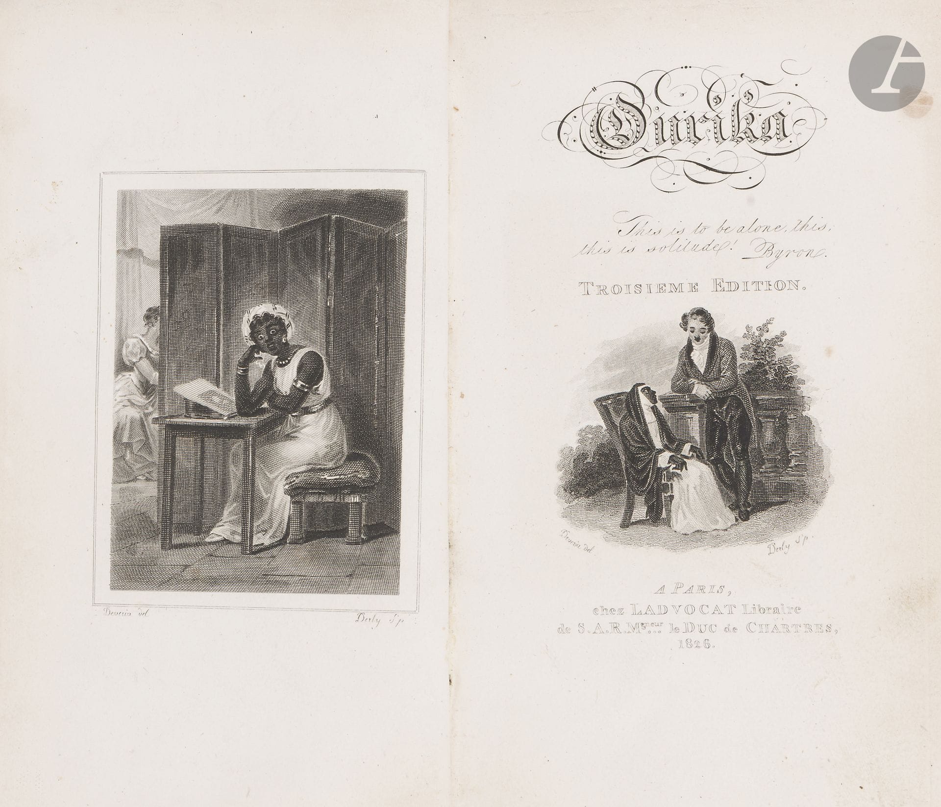 DURAS (Claire de).
Ourika.
Paris : Ladvocat, 1826. — In-8, 195 x 115 : frontispice, titre, 172 pp. Demi-maroquin rouge à long grain, dos lisse orné, non rogné (reliure de l’époque). 
Troisième édition, la seconde en librairie, illustrée d’un frontispice et d’un titre gravés par Derly d’après Devéria. 
Bon exemplaire à toutes marges, en reliure de l’époque.
Frottements aux coiffes, coins émoussés, deux trous de vers à la charnière du premier plat. Charnières intérieures fragiles. Quelques salissures et de rares rousseurs.