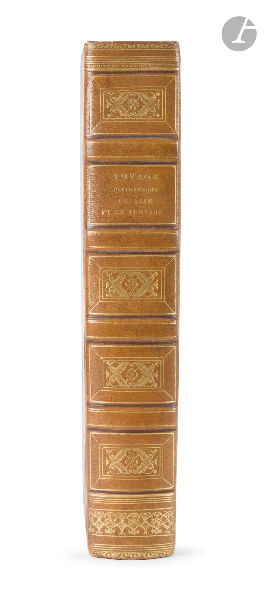 EYRIÈS (Jean-Baptiste).
Voyage pittoresque en Asie et en Afrique, résumé général des voyages anciens et modernes... 
Paris : Furne et Cie, 1839. — 2 parties en 1 volume in-4, 270 x 185 : frontispice, (2 ff.), 426 pp., 1 carte, 96 planches ; (1 f.), 160 pp., 1 carte, 40 planches. Demi-maroquin brun à coins, filets dorés, dos à nerfs orné, non rogné (reliure de la seconde moitié du XIXe siècle). 
Édition originale de cette compilation des plus grands récits de voyages anciens et modernes en Asie et en Afrique, imprimée sur deux colonnes et publiée par Jean-Baptiste Eyriès (1767–1846), cofondateur de la Société Géographique en 1821. On y trouve notamment les relations de voyage d’Erman, Lesseps, Pallas, Turner, Tavernier, Chardin, Tournefort, Volney et bien d’autres.
La seconde partie est entièrement consacrée aux voyages en Afrique et couvre un vaste éventail de régions : Égypte, Nubie, Abyssinie, côtes d’Ajan et Zanguebar, Mozambique, îles Comores et Seychelles, Madagascar, île Bourbon, île Maurice, Cafrerie, cap de Bonne-Espérance, Congo, îles Sainte-Hélène et Ascension, Guinée, Sénégambie, îles du Cap-Vert, Açores, Madère, Canaries, Sahara, Soudan, les Oasis, Barcah et Tripoli, Tunis, Algérie, Empire du Maroc.
Édition abondamment illustrée, comprenant deux cartes dépliantes (l’une pour l’Asie, l’autre pour l’Afrique) et 137 planches, regroupant pour la majorité plusieurs gravures sur acier d’après les dessins de Jules Boilly, dont le frontispice qui représente 4 explorateurs : Chardin, Pallas, Burckhardt et Lander.
Rare exemplaire avec les planches et les cartes tirées sur papier de Chine collé.
Dos passé, coins émoussés. Rares rousseurs.