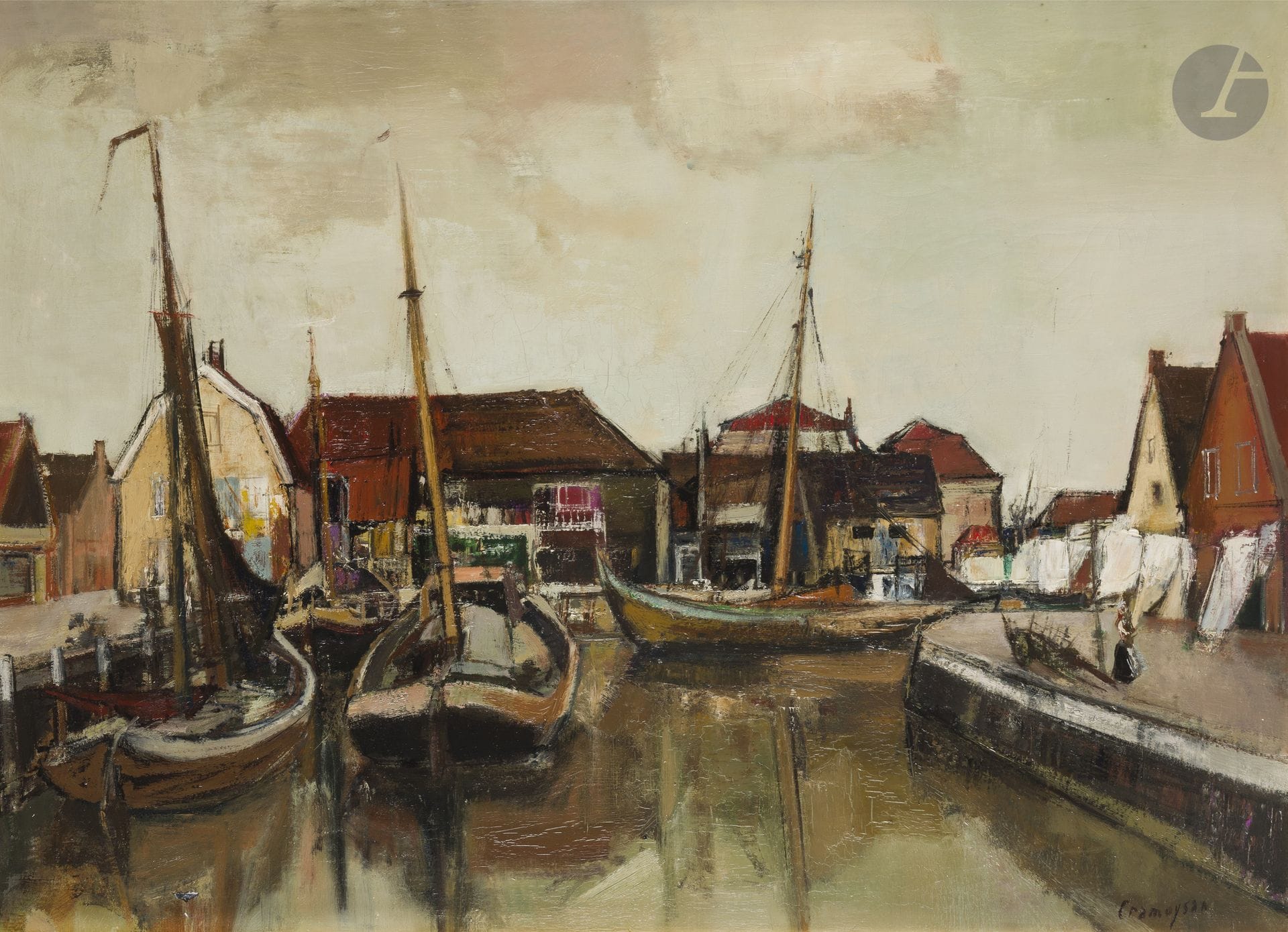 Marcel CRAMOYSAN (1915-2007)
Bateaux au port
Huile sur toile.
Signée en bas à droite.
(Craquelures).
60 x 81 cm