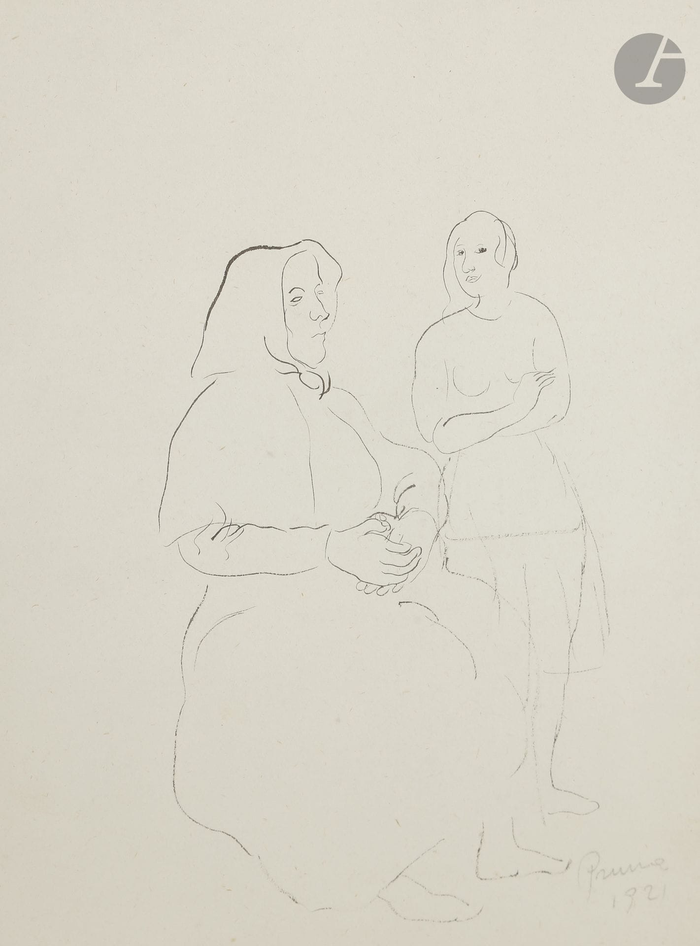 Pedro PRUNA (1904-1977)
Vieille femme et fillette, 1921
Encre.
Signée et datée à la mine de plomb en bas à droite.
26 x 19,5 cm

Provenance : 
Ancienne collection André Level. Par descendance.