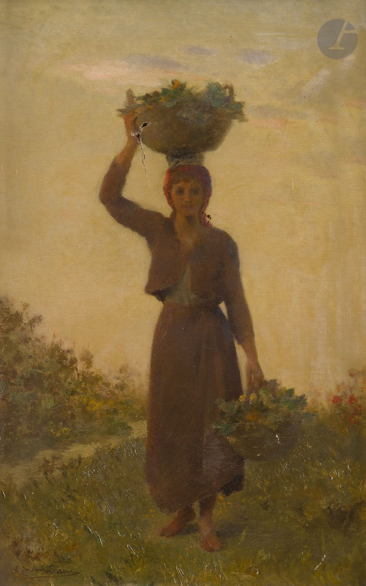 Édouard SAIN (1830-1910)
Capri, retour de la vigne
Huile sur toile.
Signée en bas à gauche.
Signée et numérotée " 201 " au dos.
(Accident).
61 x 38 cm

Provenance : 
Famille de l'artiste.