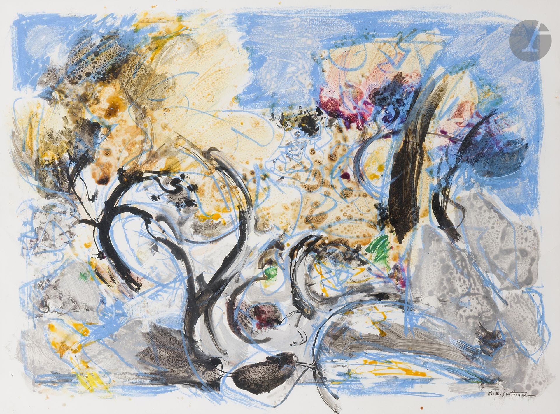Maurice-Elie SARTHOU (1911-1999)
La Caillasse aux cyprès noirs
Gouache.
Signée en bas à droite.
48 x 63 cm