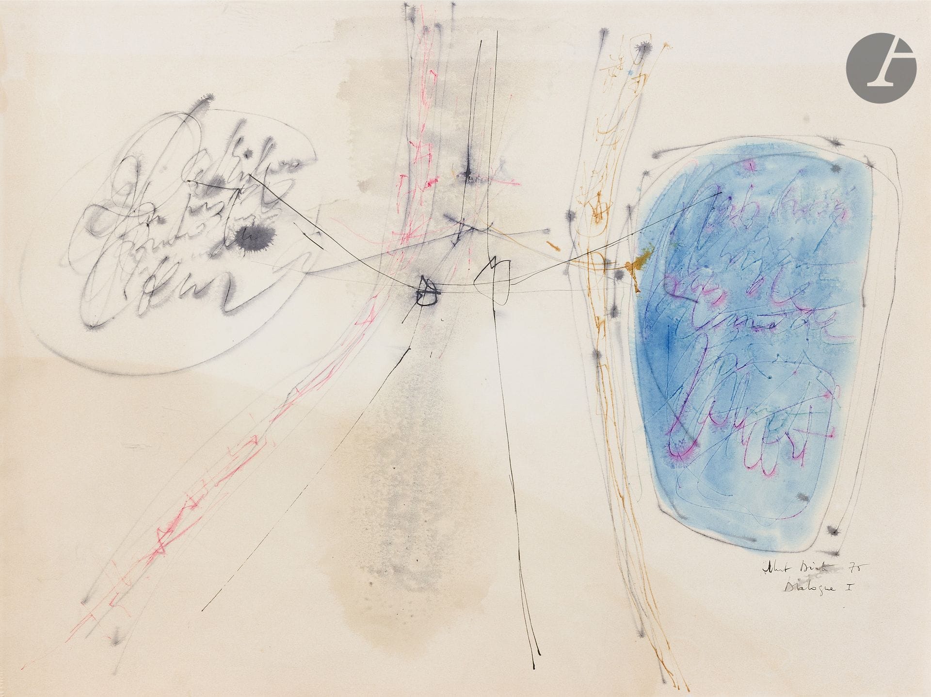 Albert DIATO (1927-1985)
Dialogue I, 1970
Encre et aquarelle.
Signée, datée et titrée en bas à droite.
(Décoloration).
57 x 75 cm

Provenance : 
Collection particulière, Paris. Acquis directement auprès de l'artiste.