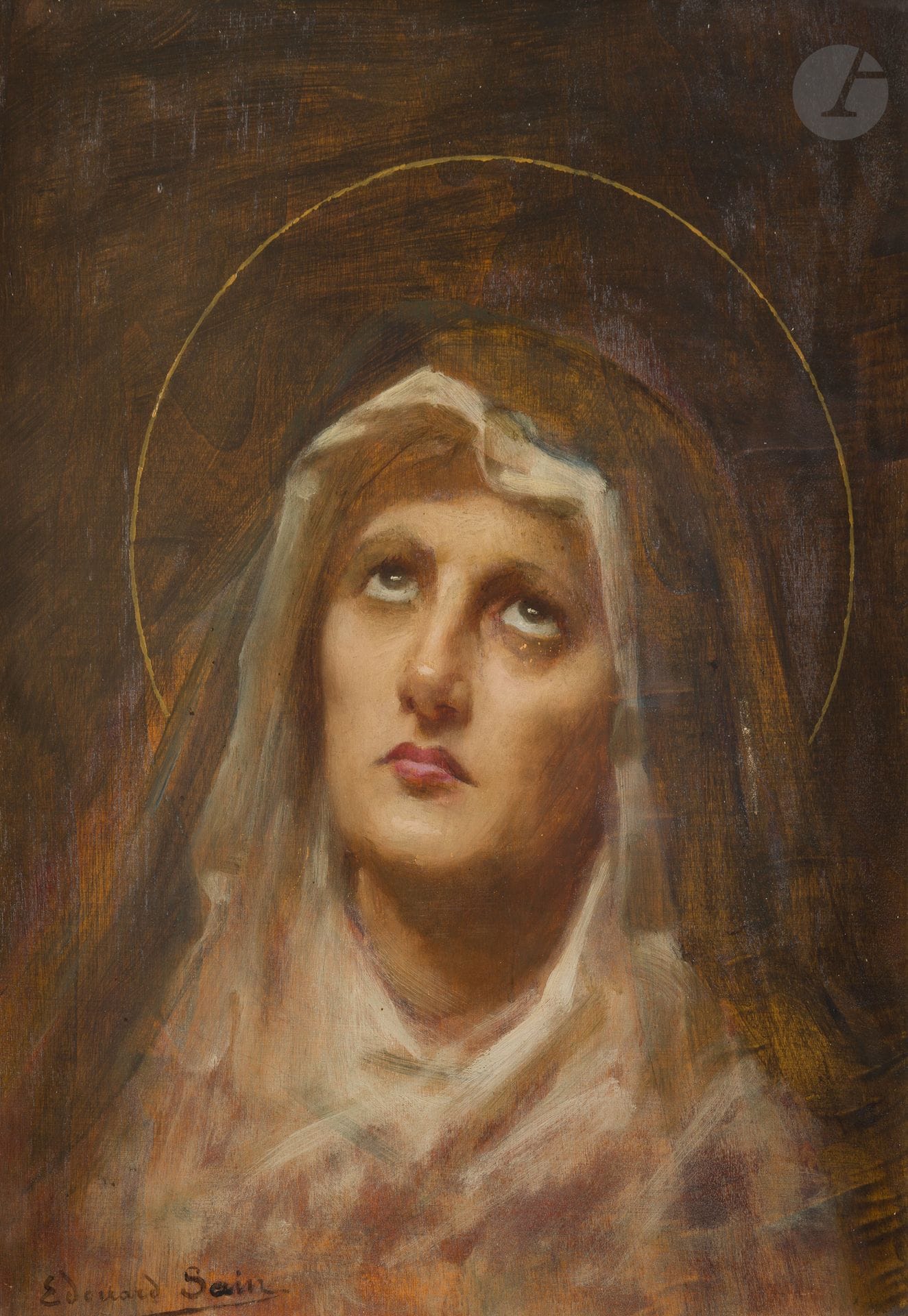 Édouard SAIN (1830-1910)
Portrait de sainte 
Huile sur panneau.
Signée en bas à gauche.
Signée au dos.
35 x 26,5 cm

Provenance : 
Famille de l'artiste.