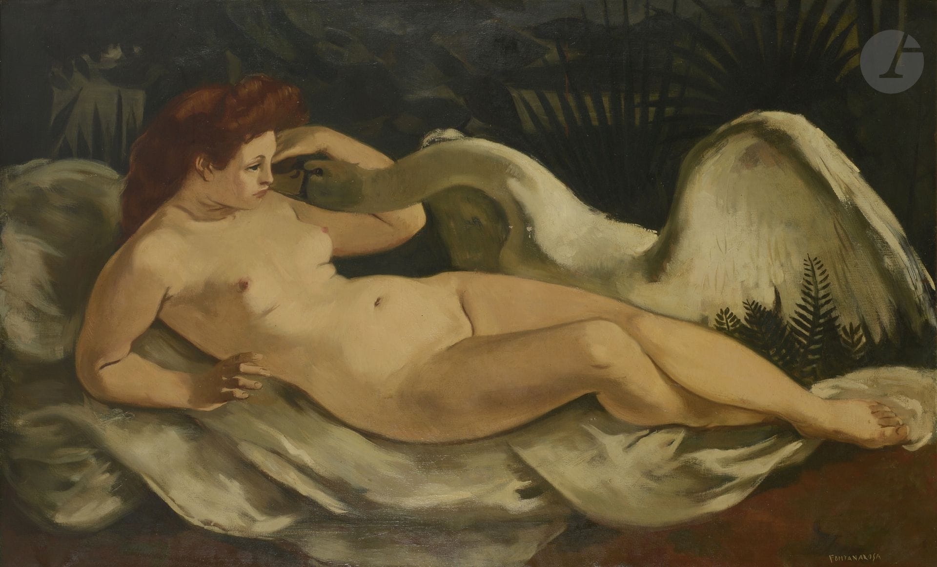 Lucien-Joseph FONTANAROSA (1912-1975)
Léda et le cygne
Huile sur toile.
Signée en bas à droite.
(Manques).
90 x 150 cm

Provenance :
Famille de l'artiste.

Œuvre en rapport : 
Nu se coiffant, 1947 reproduit in Michel Ratier, Raymond Trillat, Fontanarosa, Genève, Pierre Cailler Éditeur, 1969, n° 6.
