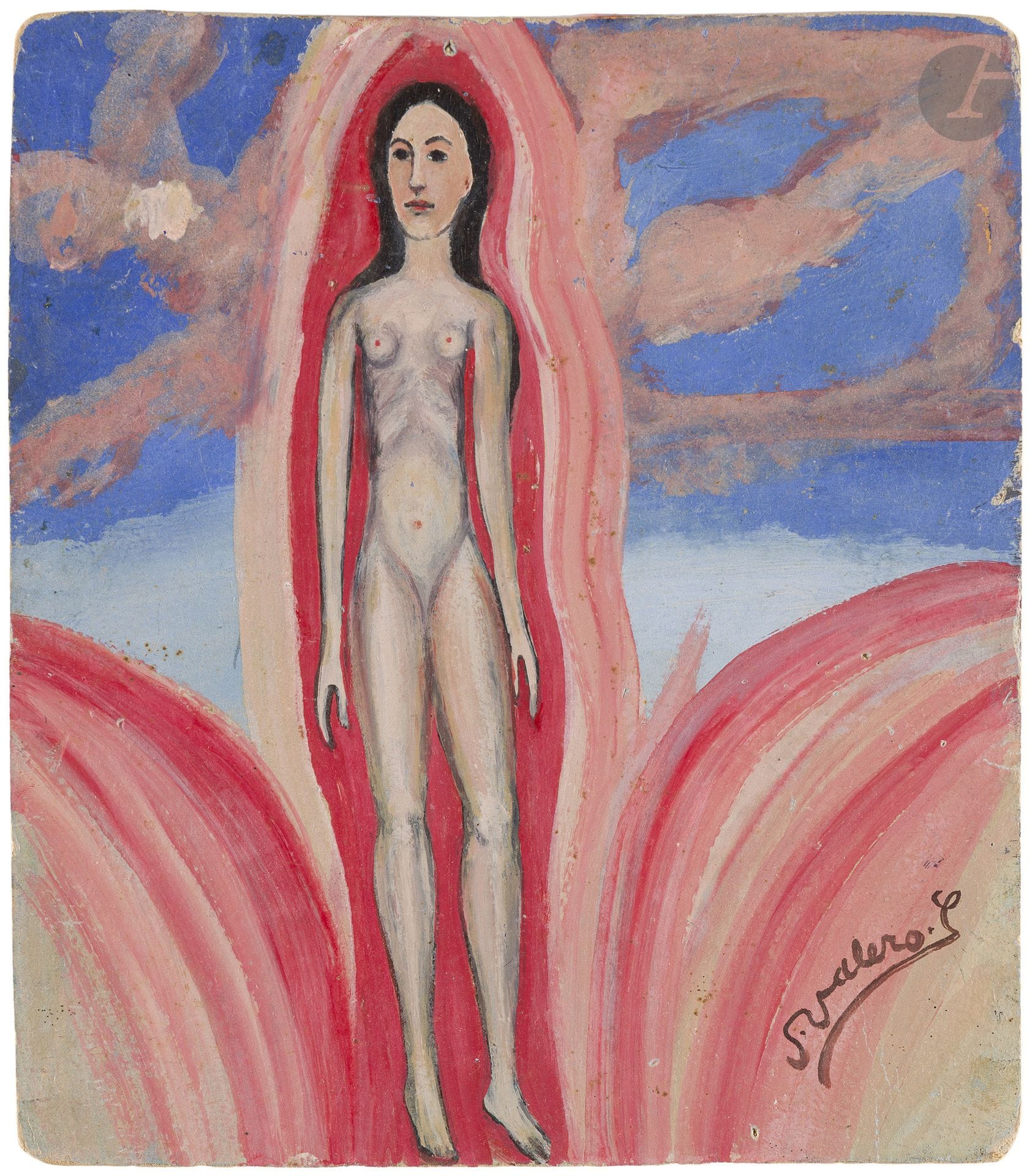 Salvador VALERO (XXe siècle) 
La Mujer en la concha rosada
Huile sur carton.
Signée en bas à droite. 
(Usures et manques). 
29 x 25,5 cm

Provenance :
Collection Gaston Diehl.