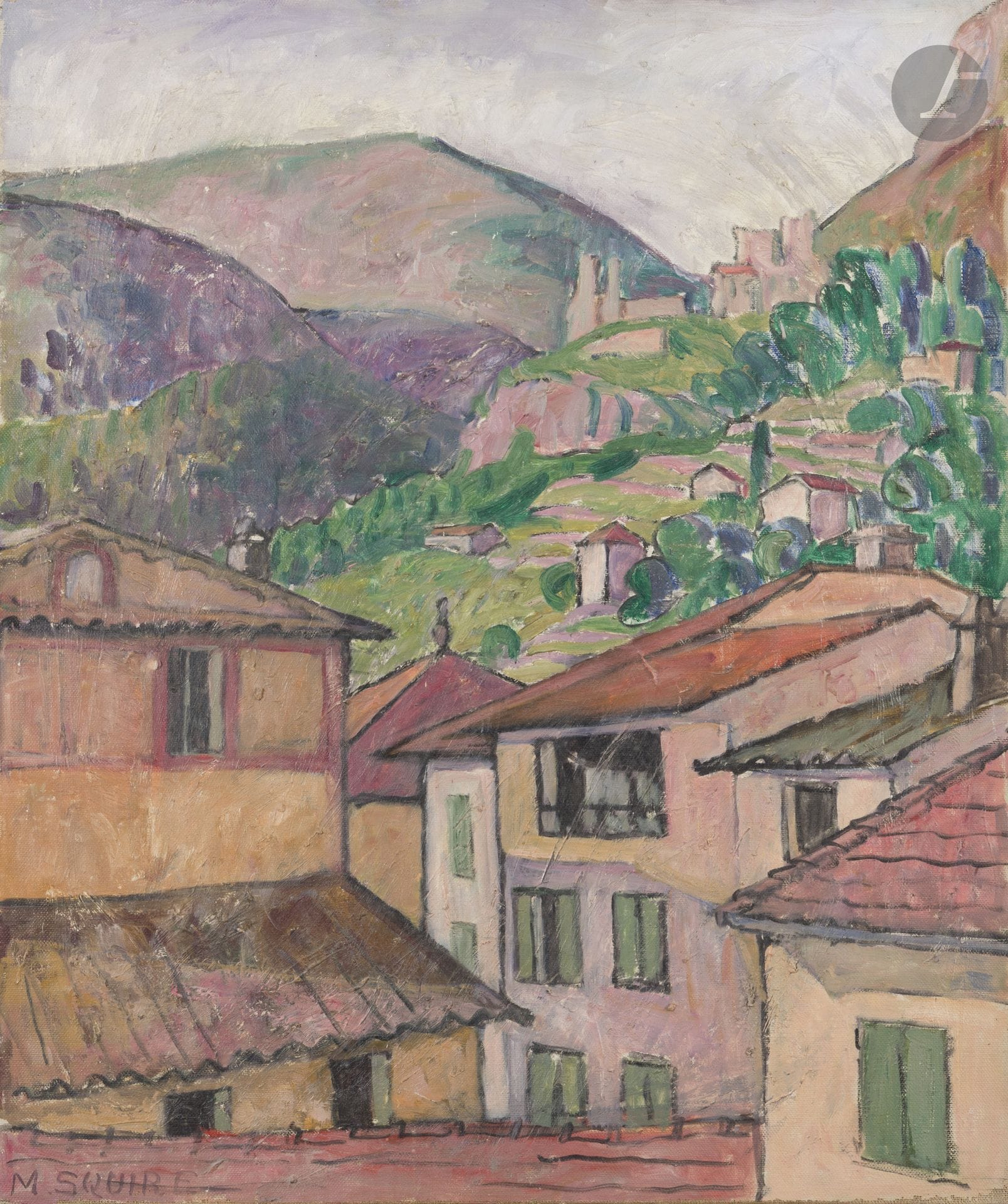 Maud Hunt SQUIRE (1873-1954)
Au-dessus des toits
Huile sur toile.
Signée en bas à gauche.
Signée, datée, titrée et située " Vence " au dos.
(Usures).
81 x 65 cm

Provenance : 
Collection de l'artiste Ethel Mars, Saint-Paul-de-Vence.