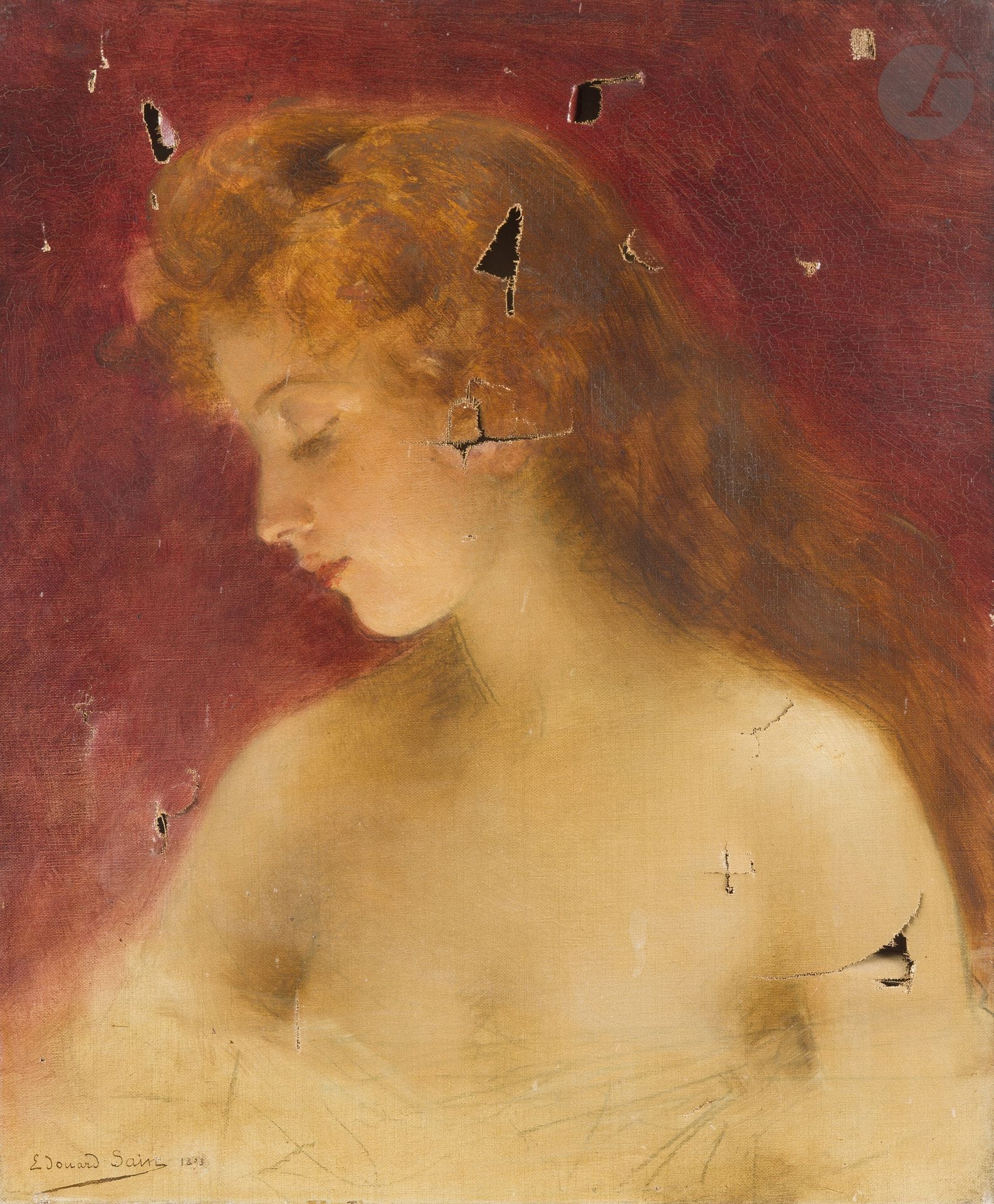 Édouard SAIN (1830-1910)
Profil de femme rousse, 1893
Huile sur toile.
Signée et datée en bas à gauche.
Signée et numérotée " 32 " au dos.
(Nombreux accidents).
55 x 46 cm

Provenance : 
Famille de l'artiste.