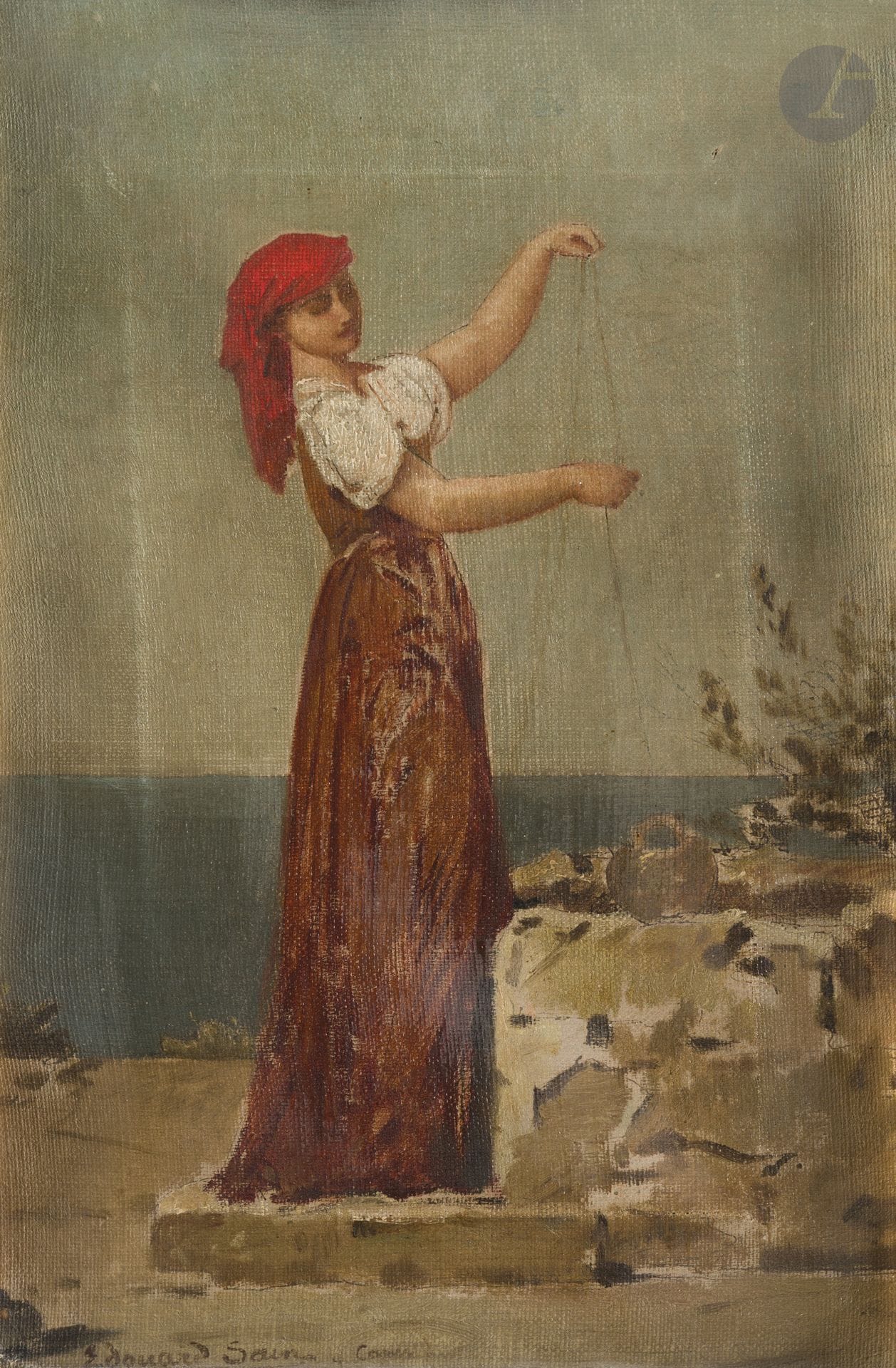 Édouard SAIN (1830-1910)
Capri, jeune Italienne au puits
Huile sur toile.
Signée et située en bas à gauche.
Numérotée " 66 " au dos.
(Petits accidents, marques du châssis).
29 x 20 cm

Provenance : 
Famille de l'artiste.