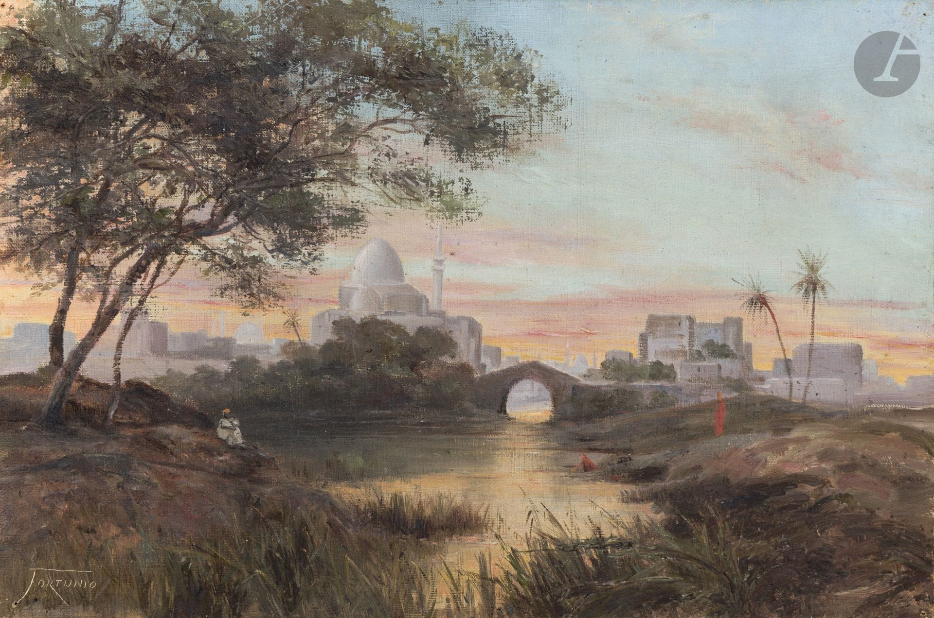 FORTUNIO (XIX-XXe siècle)
Paysage d'Algérie
Huile sur toile.
Signée en bas à gauche.
(Trous de punaises dans les angles).
27 x 40,5 cm

Provenance : 
Collection du docteur Turpin.