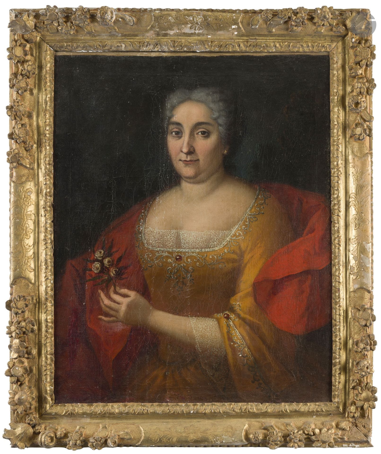 École FRANCAISE du XVIIIe siècle
Portrait de femme tenant des fleurs
Toile
81,5 x  64,5 cm
Porte une etiquette d'inventaire "Collection Roserot de Melin / X? du Cayla Château de Teran (?) Pont de ..."
Restaurations anciennes
