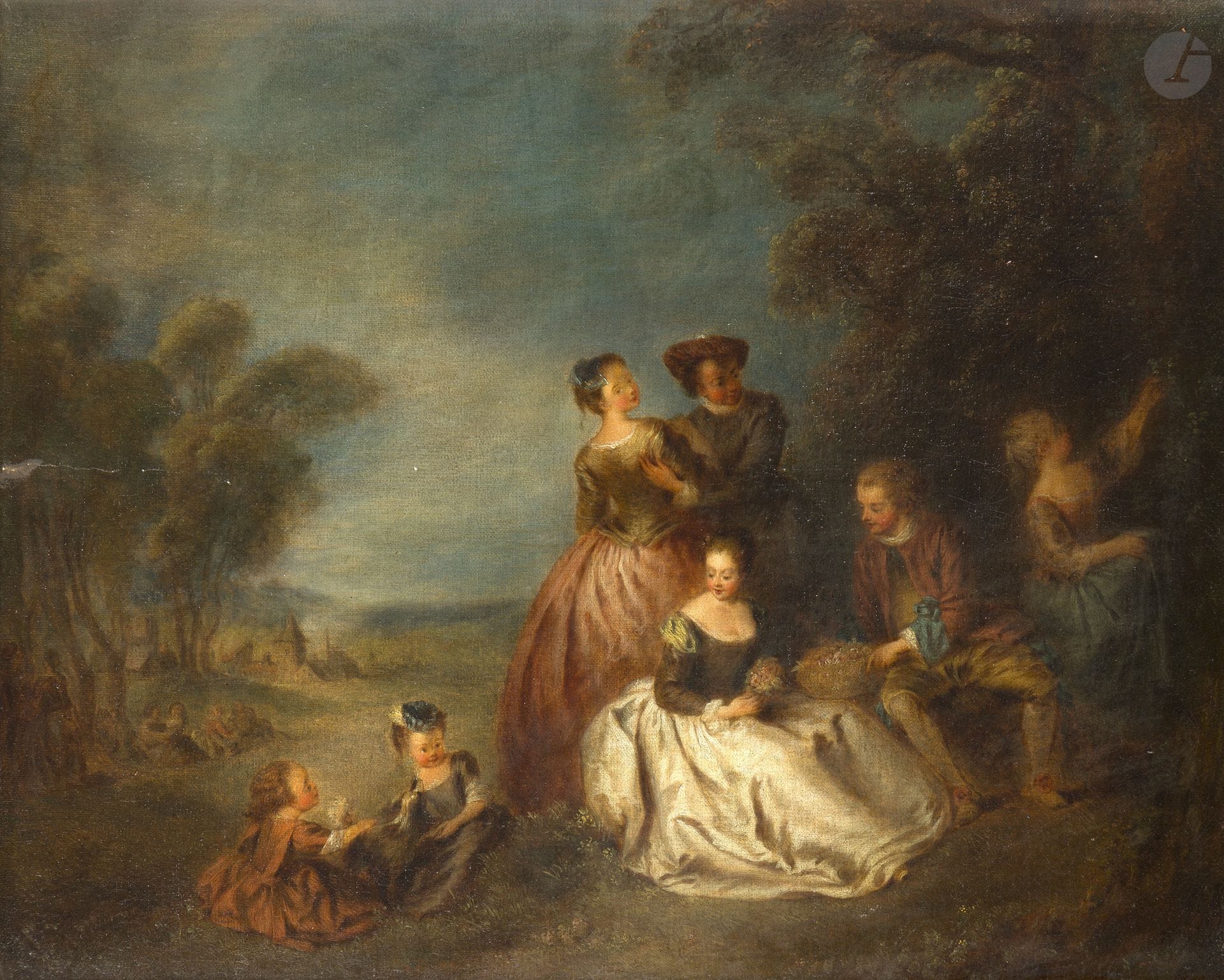 École FRANCAISE du XVIIIe siècle, d'après Jean Baptiste PATER
L'Offre des fleurs
Toile
46 X 55 cm
Porte des inscriptions 20ème sur une étiquette au revers du châssis "N°97578 24 / 36 Mme André Roy"
Restaurations anciennes

Reprise, avec des variantes, du tableau de Pater dans une collection particulière aux Etats-Unis (voir F. Ingersoll-Smouse, Pater, paris, 1921, n° 56 reproduit fig. 46).