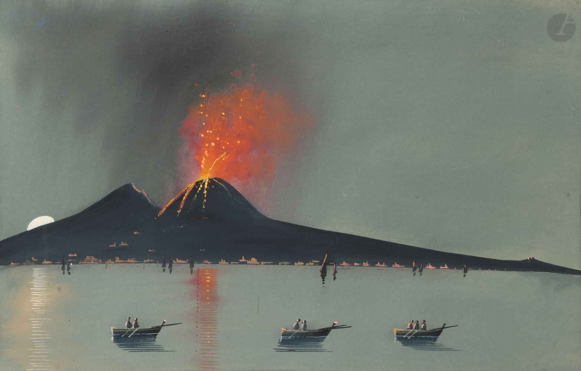 Early 20th-century Neapolitan School
View of Mount Vesuvius Erupting at Dawn; View of Mount Vesuvius Erupting at Dusk
Gouaches
35 x 53.5 cm
Pair of paintings
Inscribed “Vesuvio 1906.”
A minor flaw on one of the paintings